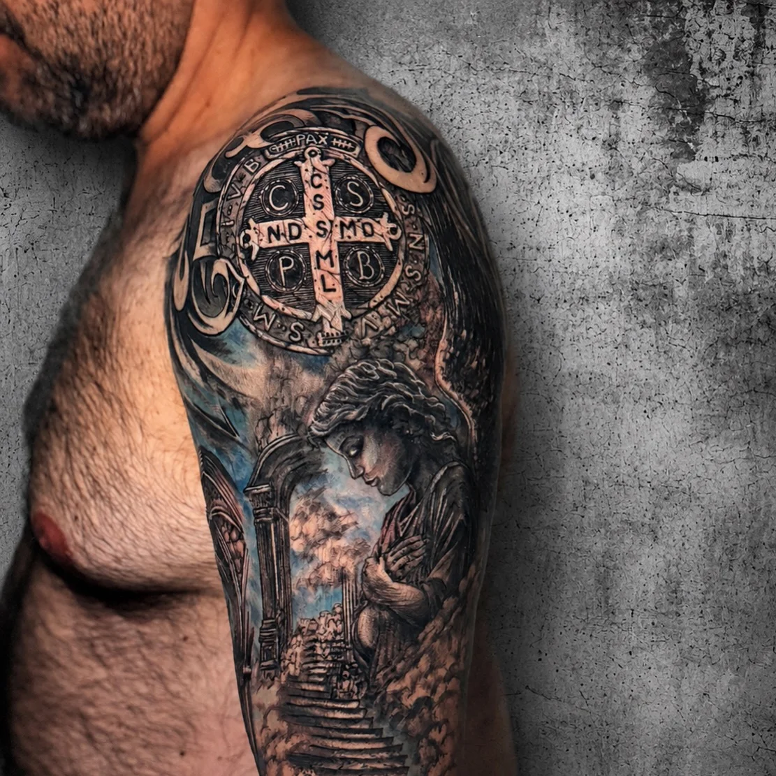 Black & Gray Realism tattoo by Art.Joker: saint benedict cross, angel, clouds, stairway