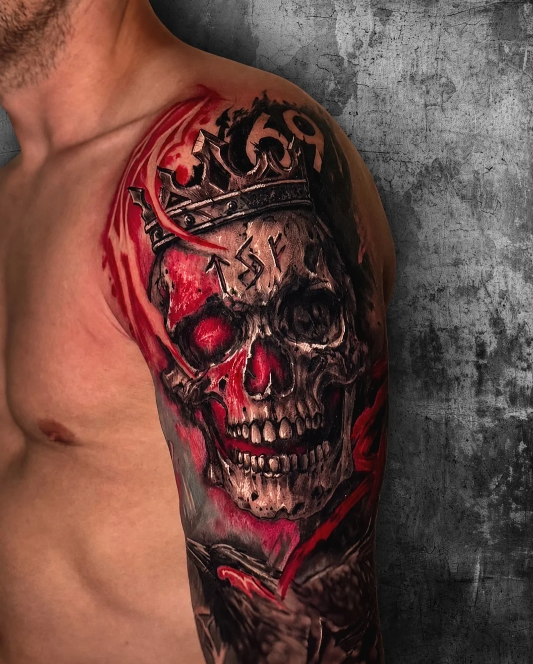 Color Realism tattoo by Art.Joker: skull, crown, runes, dark