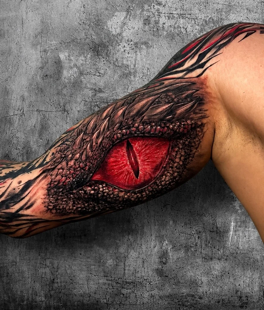 Neo-Traditional tattoo by Art.Joker: dragon eye, scales, mythology, animal
