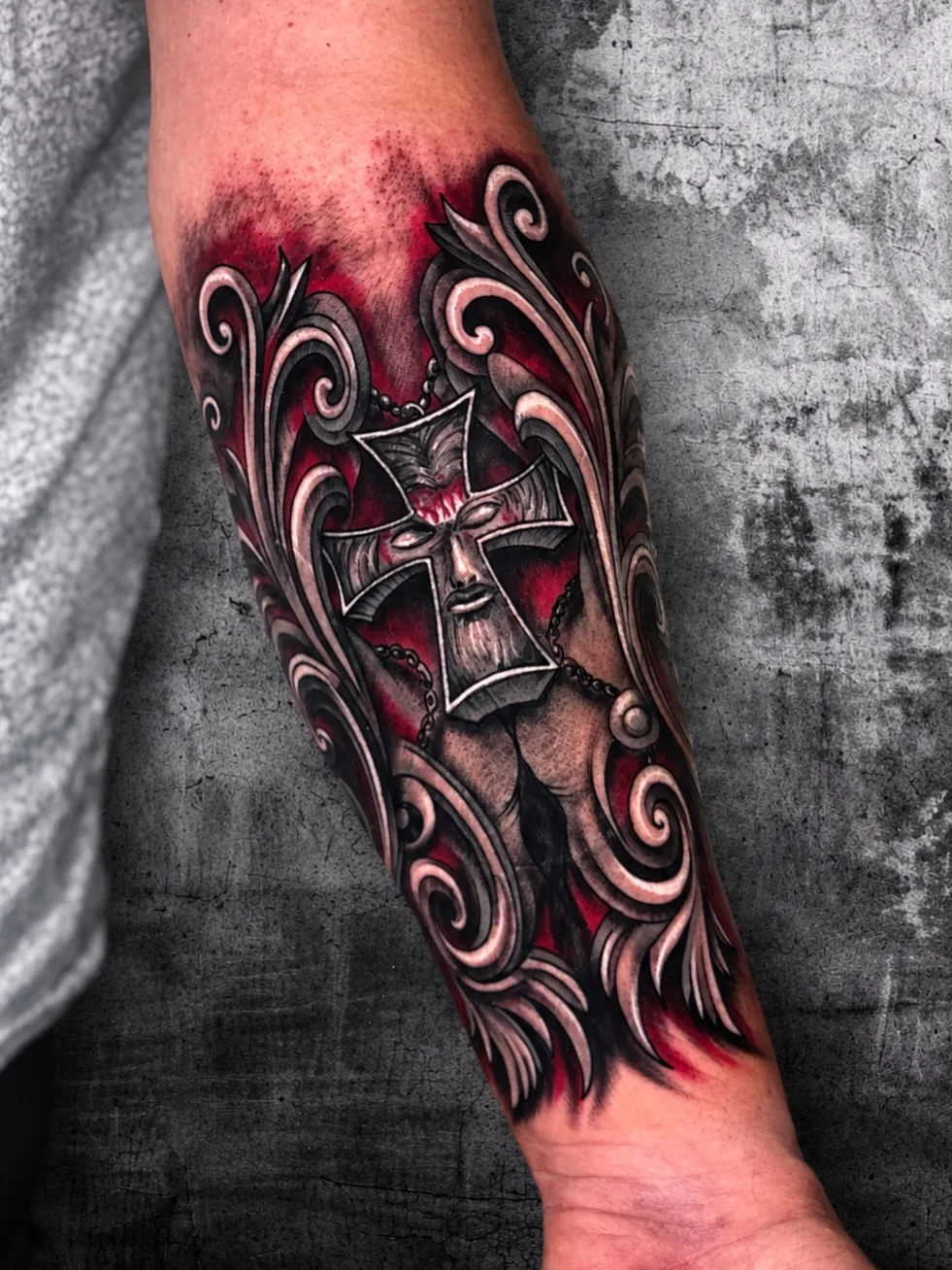 Black & Gray Realism tattoo by Art.Joker: cross, face, chains, ornamental swirls