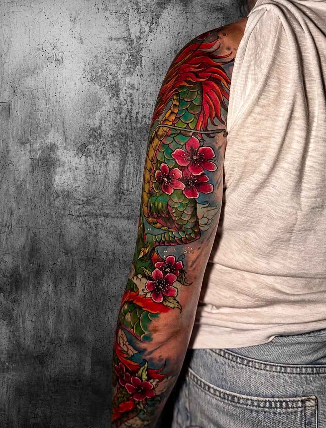 Colorful Japanese Dragon Full Sleeve: dragon, scales, flowers, leaves, clouds, mythology