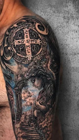 Saint Benedict Cross Angel Half Sleeve