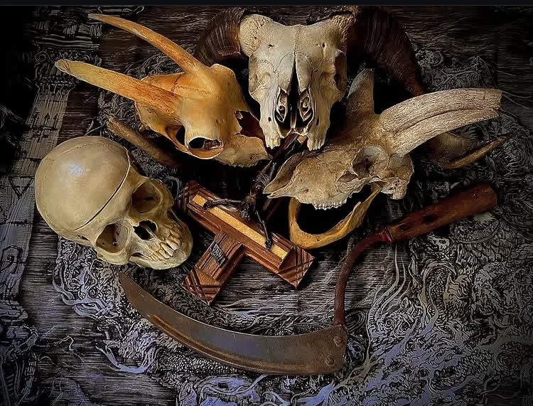 Black & Gray Realism tattoo by United Society of Sin: human skull, ram skull, goat skull, scythe