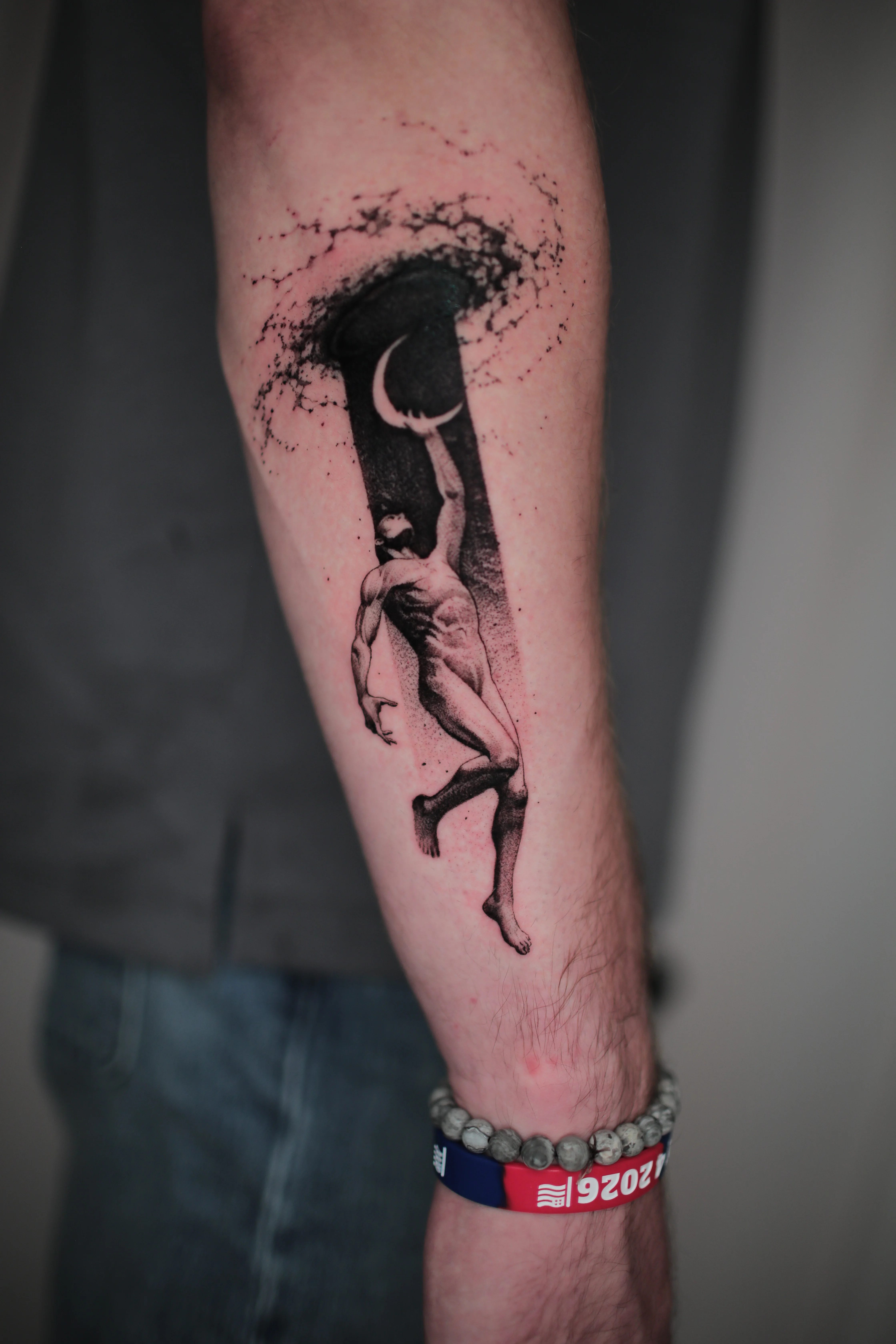 Nude Male Figure Reaching Crescent Moon: nude male figure, crescent moon, light beam, cosmic swirl, cosmic, surreal