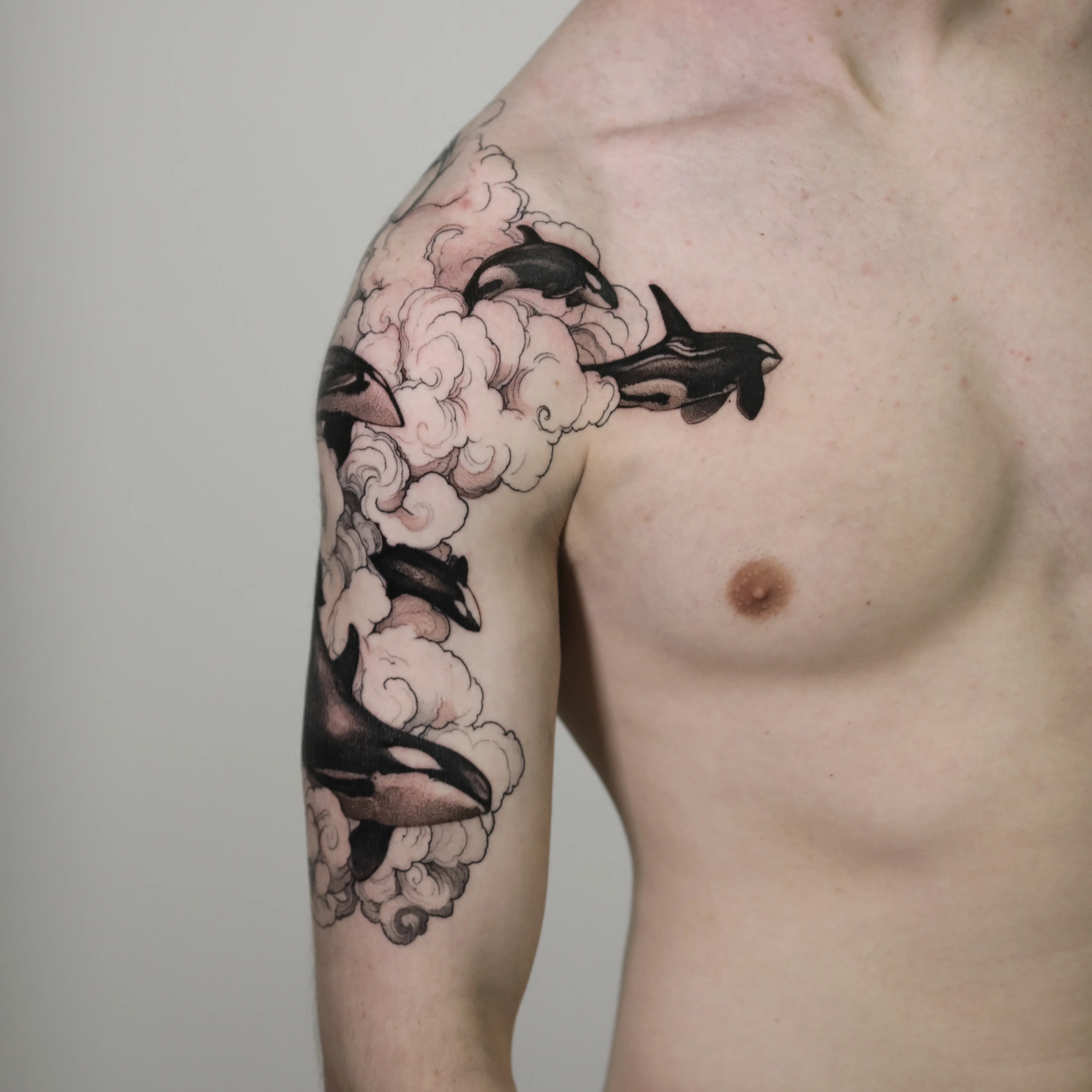 Orca Black & Grey Half Sleeve: orca, clouds, nature, animal, marine life, realistic
