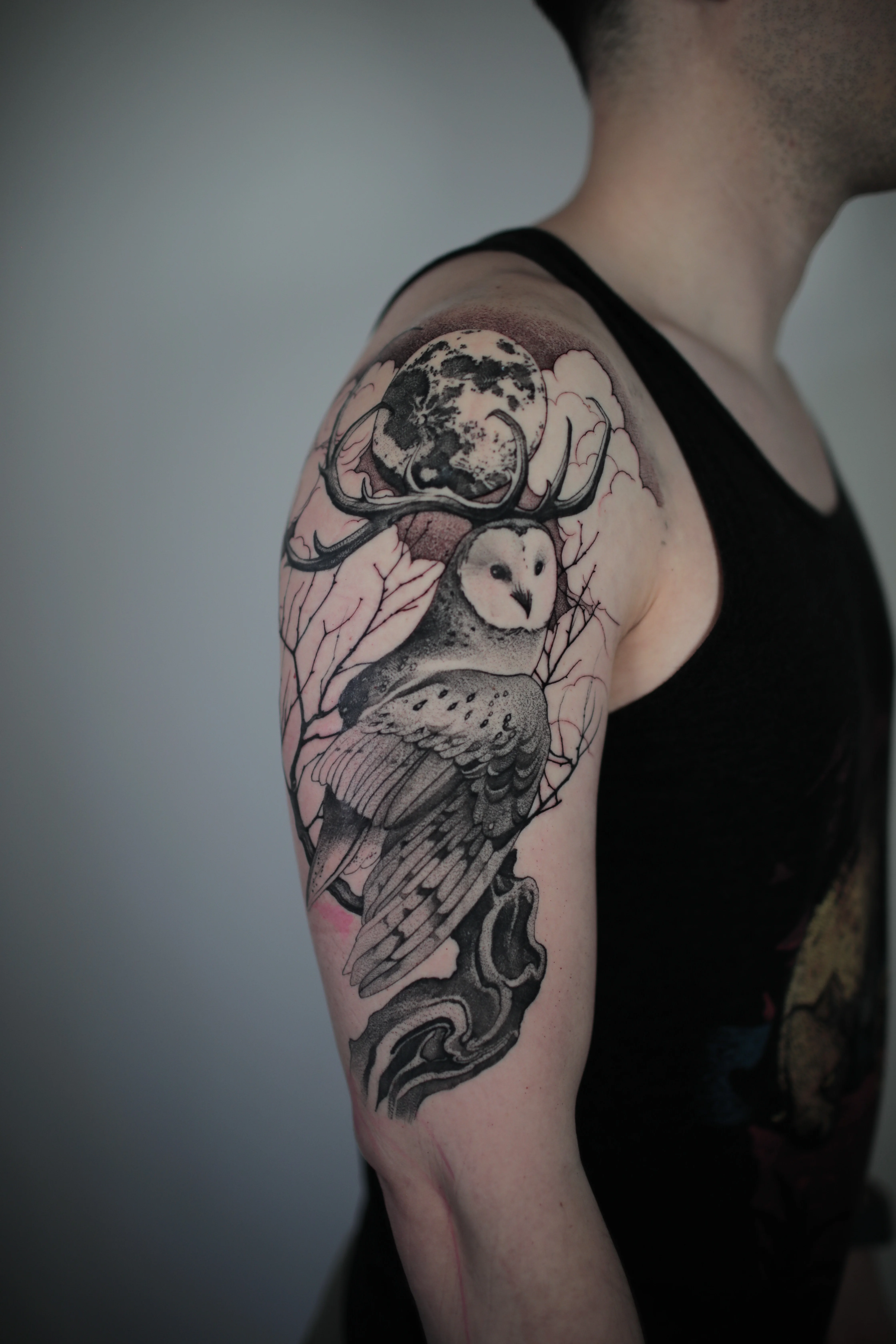 Owl With Antlers Night Half Sleeve: owl, antlers, full moon, tree branches, wood log, nature