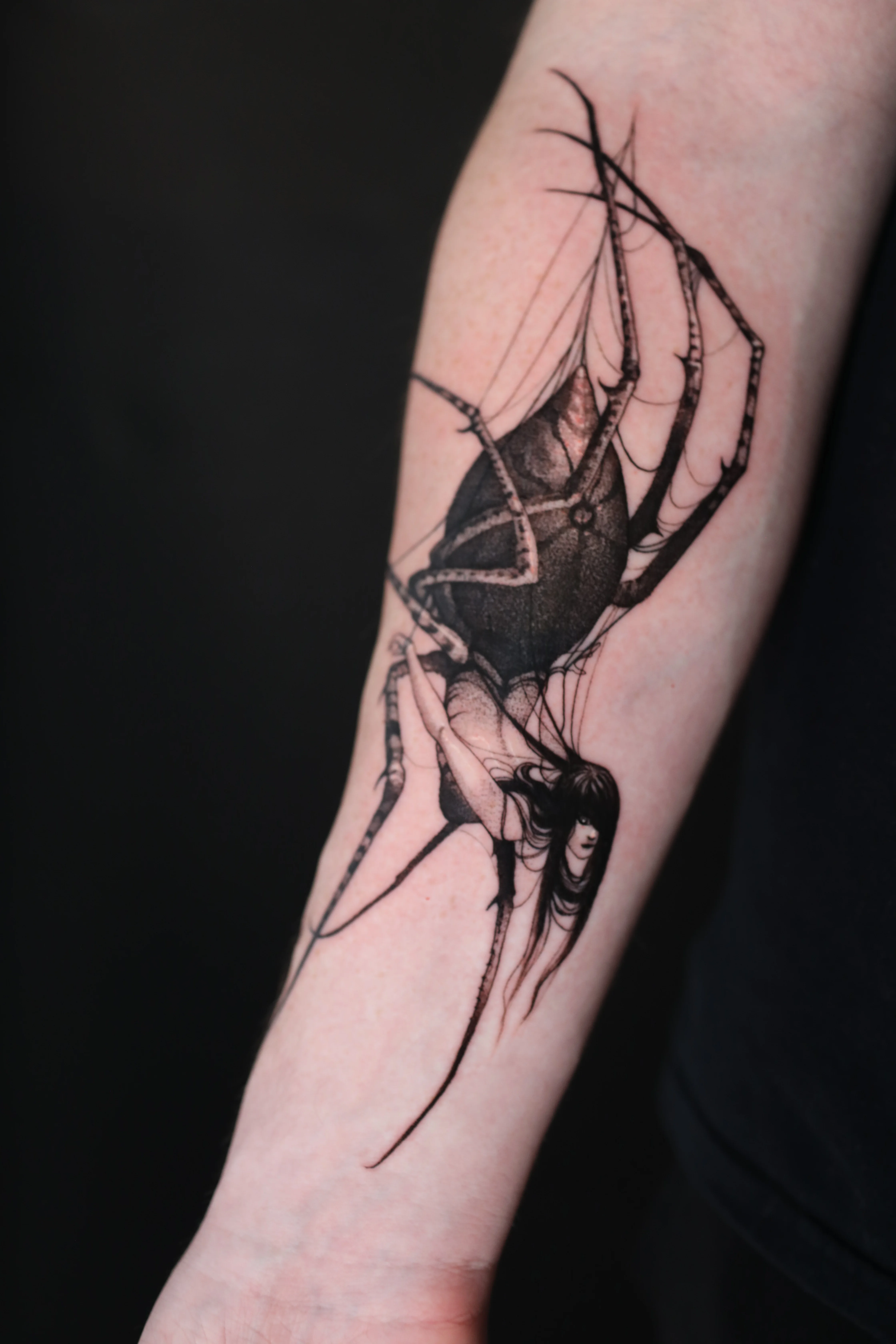 Woman Spider Forearm Illustration: spider, woman, web, dark, gothic, nature