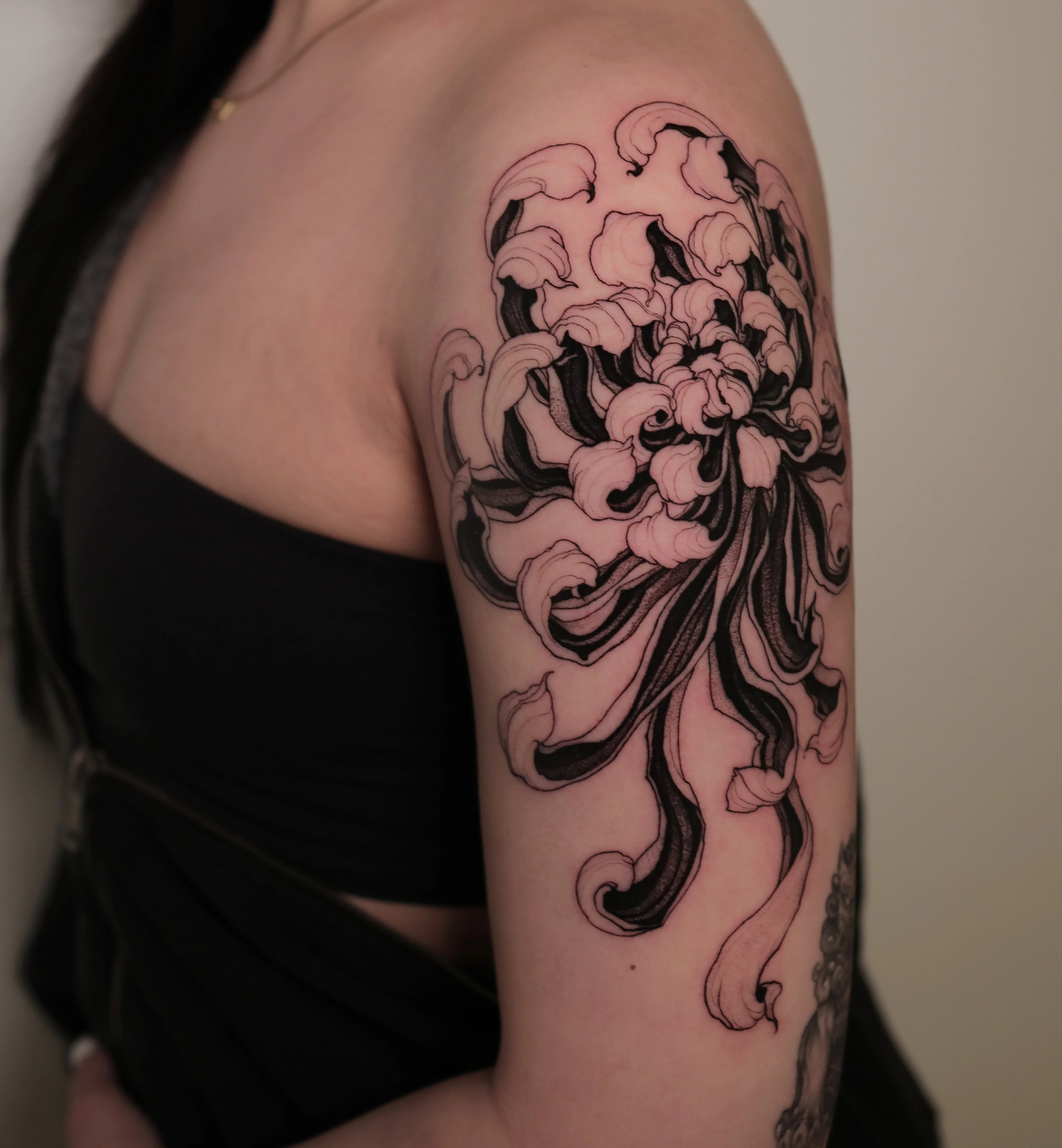 Blackwork tattoo by Konstantin Strokin: chrysanthemum flower, floral, nature, bold