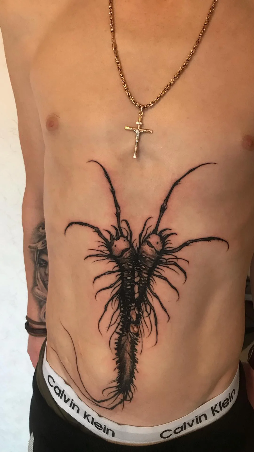 Blackwork tattoo by Konstantin Strokin: centipede, legs, antennae, exoskeleton