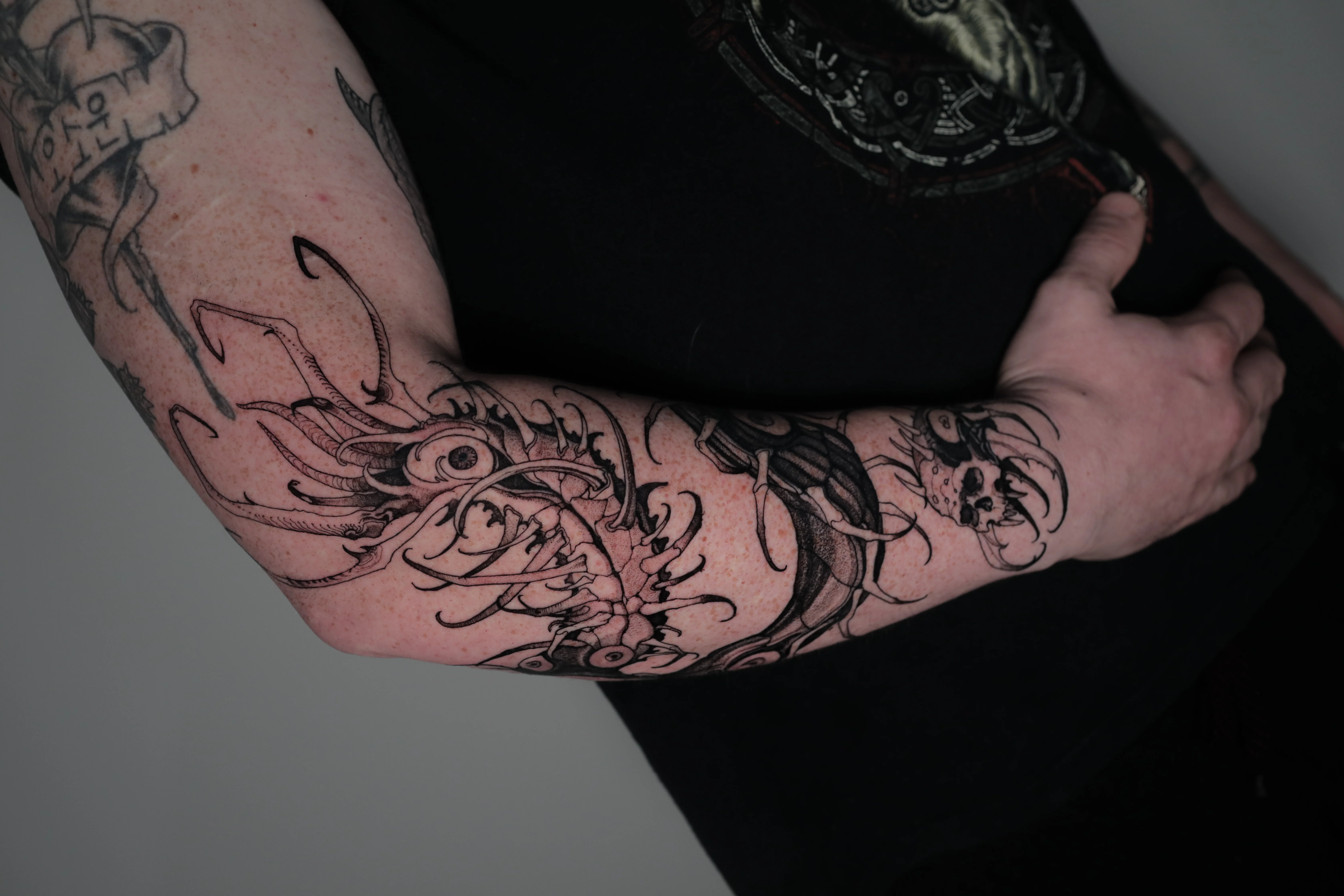 Lobster And Skull Blackwork Forearm: lobster, skull, animal, dark, nautical, bold