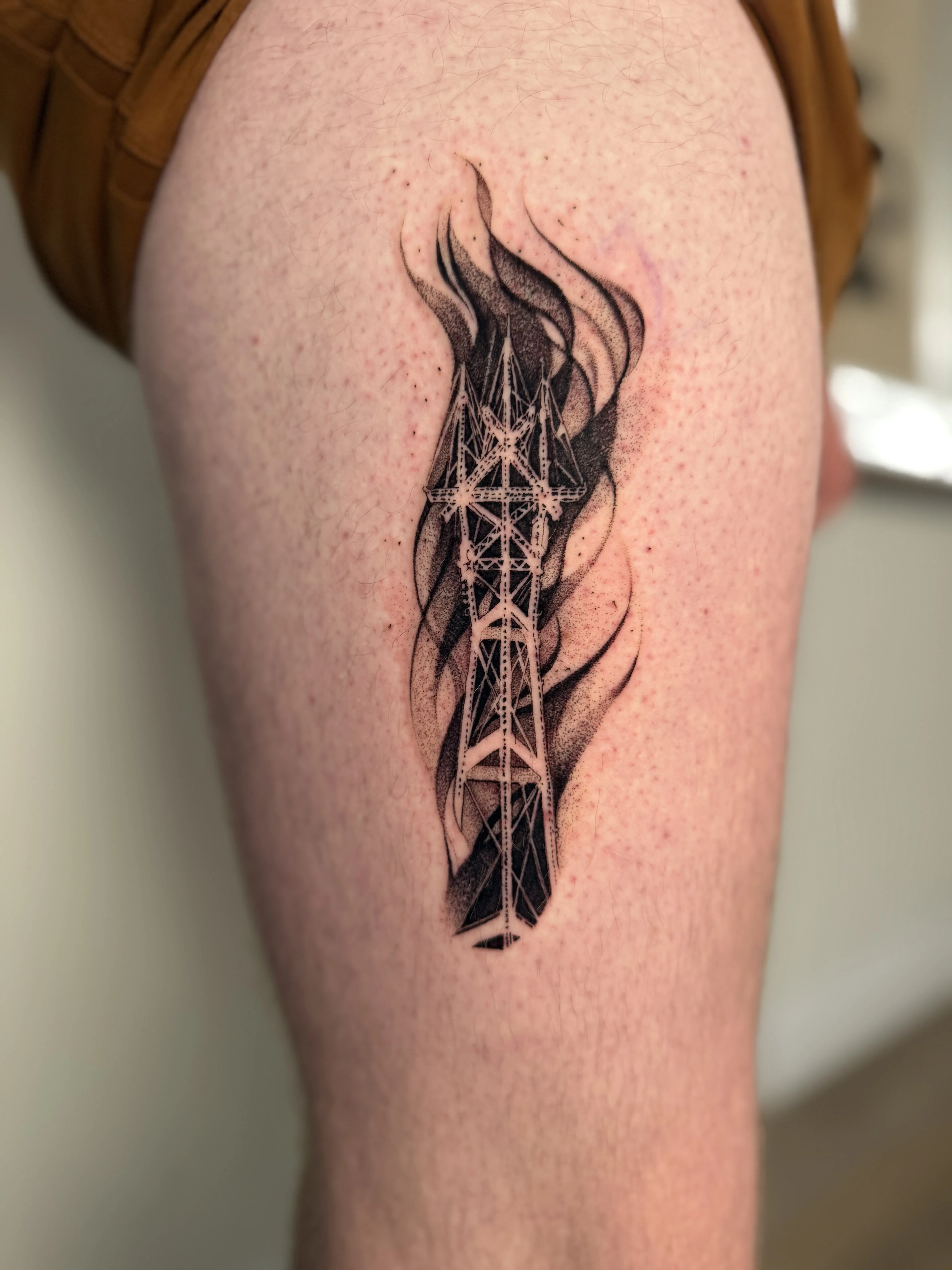Flaming Transmission Tower Thigh Art: transmission tower, flames, industrial, dark, masculine, bold