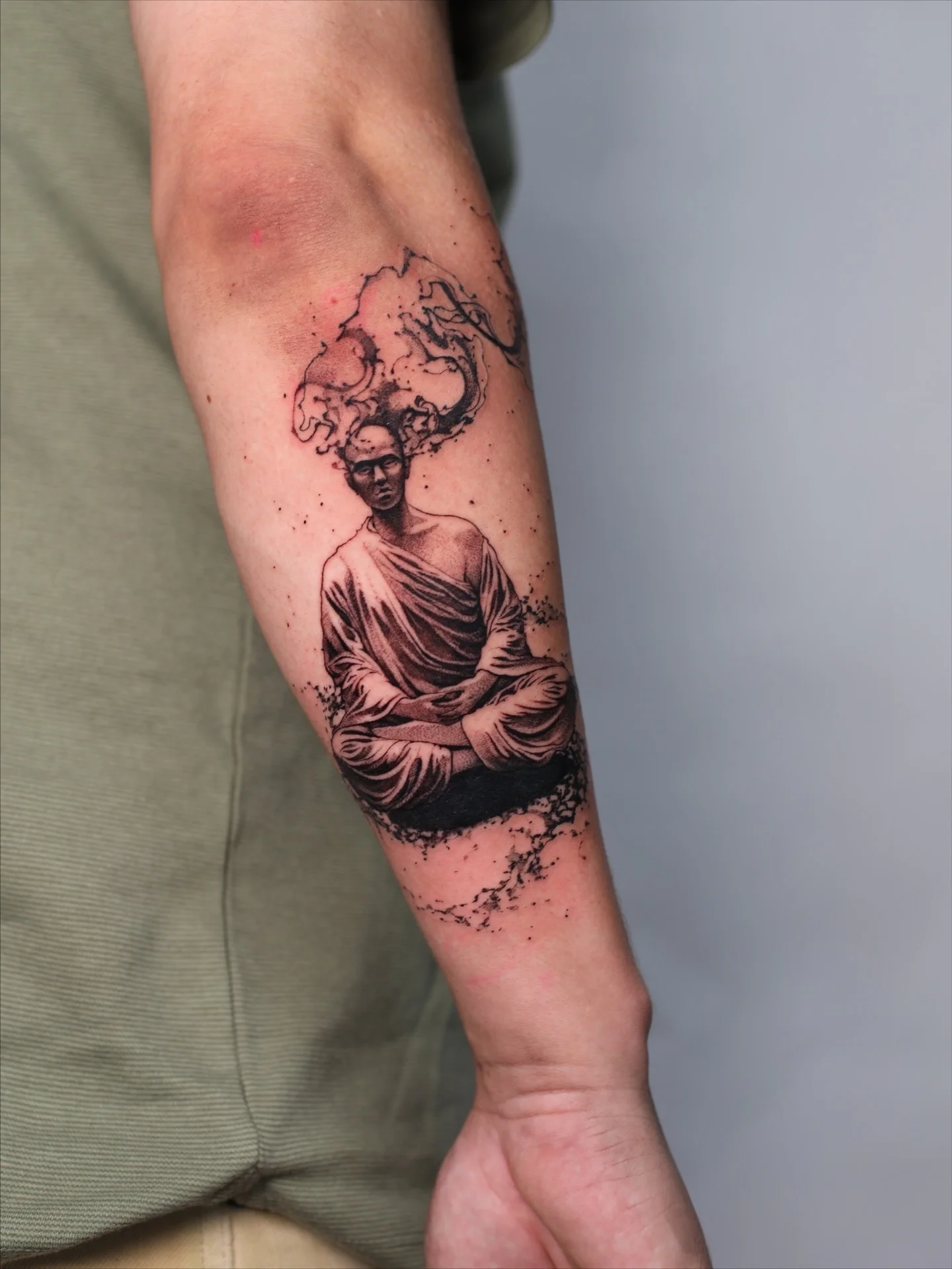 Black & Gray Realism tattoo by Konstantin Strokin: meditating man, monk, smoke, spiritual