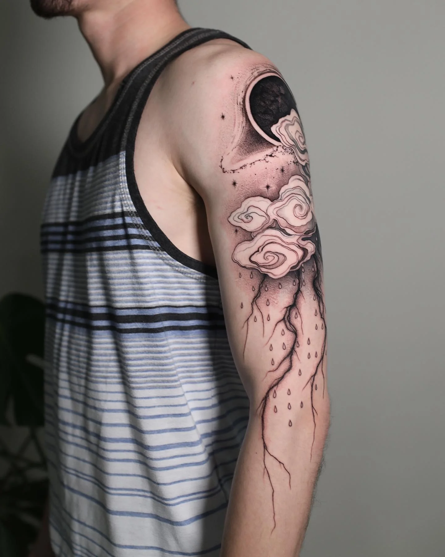 Fine Line tattoo by Konstantin Strokin: moon, clouds, lightning, raindrops