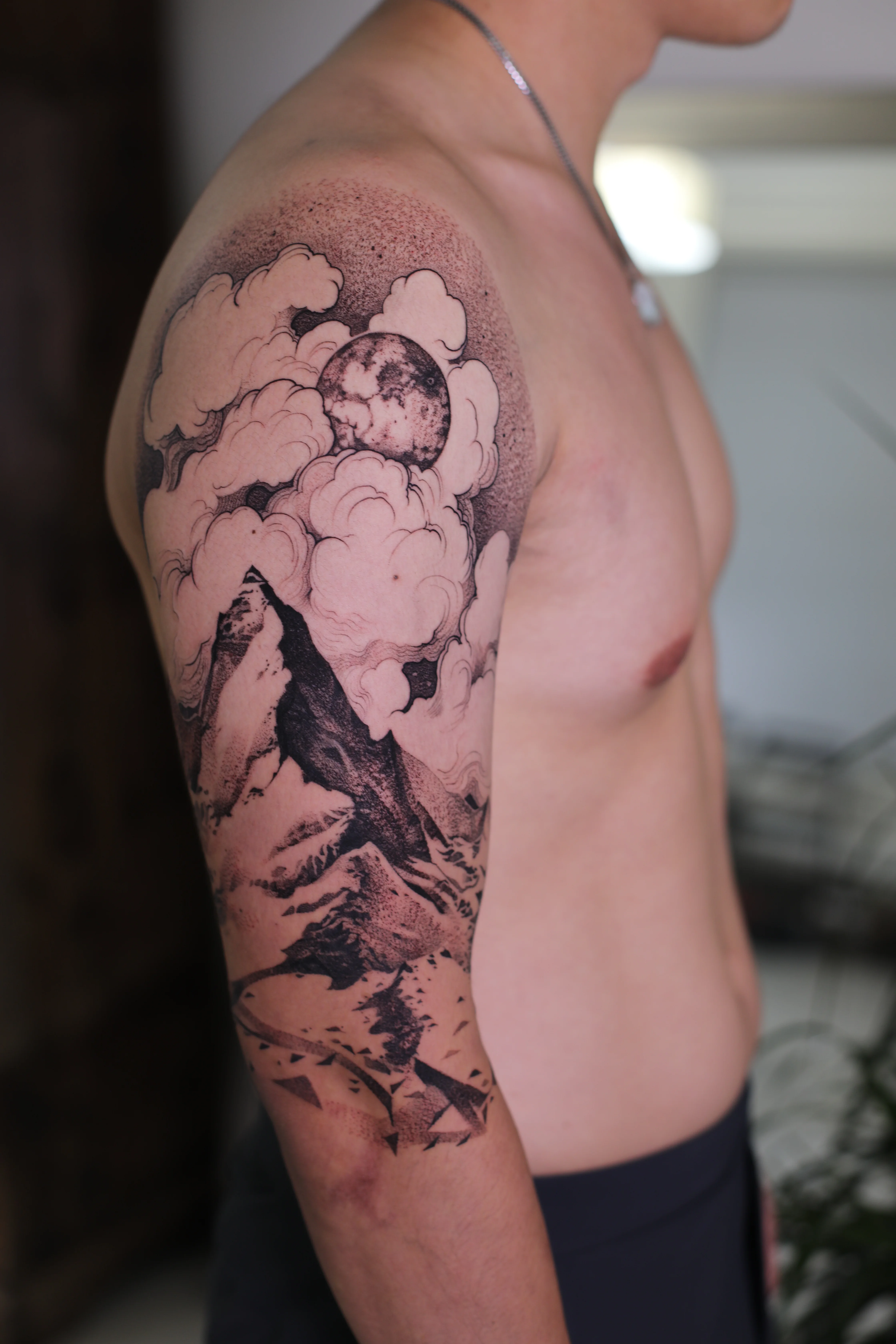 Moonlit Mountain Half Sleeve: moon, mountain, clouds, birds, nature, landscape