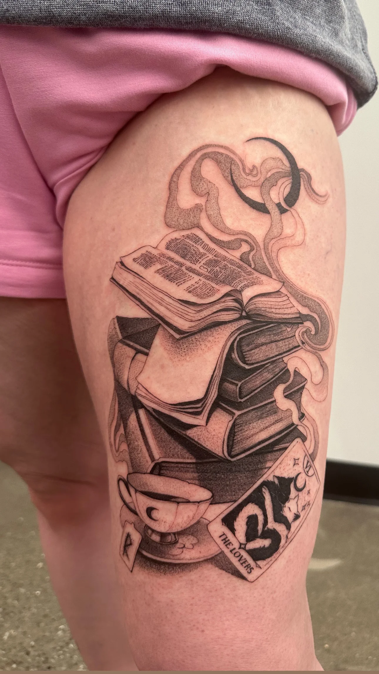 Black & Gray Realism tattoo by Konstantin Strokin: books, open book, steaming cup, tarot card