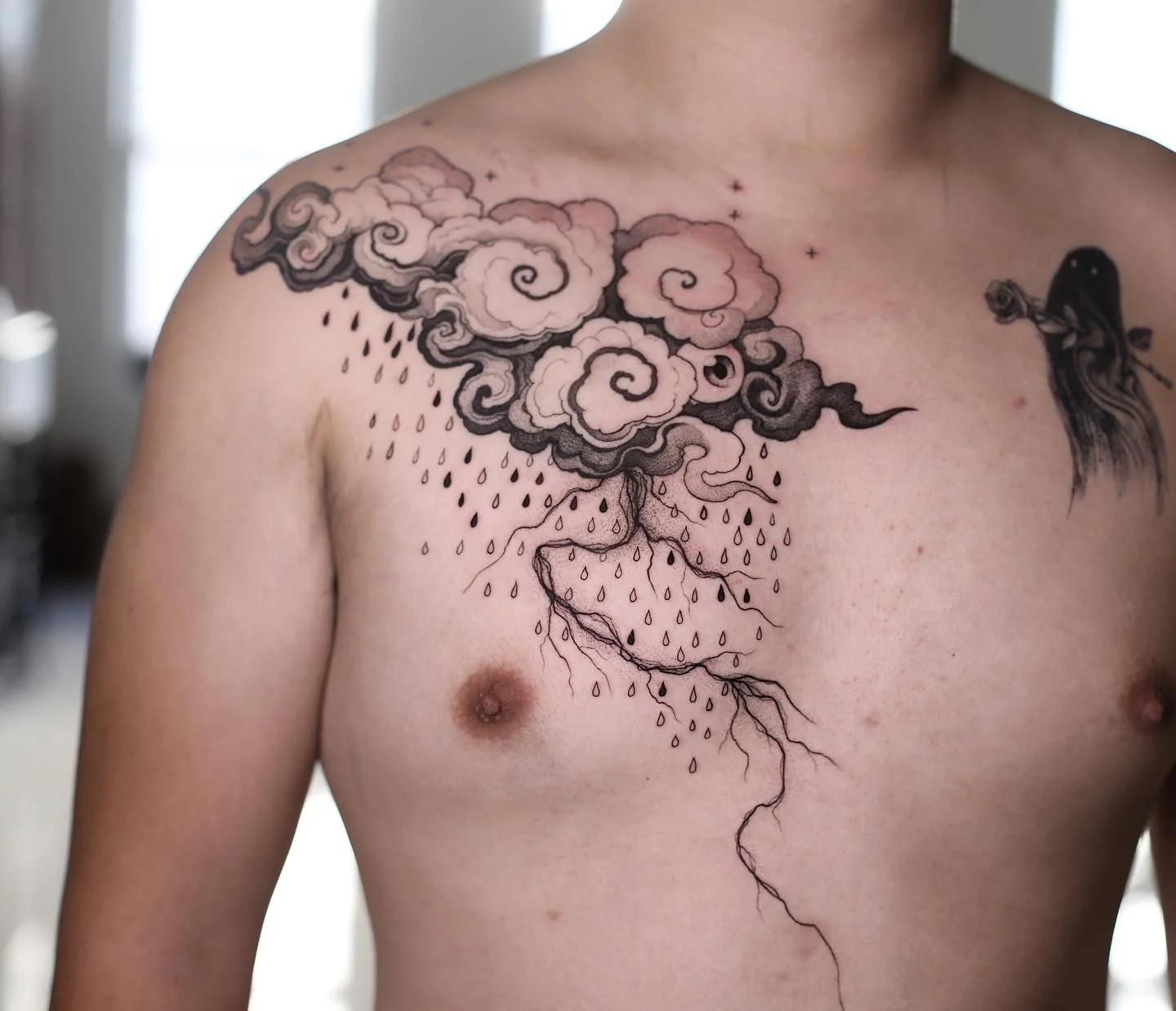 Storm Cloud Fine Line Chest Piece: clouds, raindrops, lightning bolt, nature, weather, dark