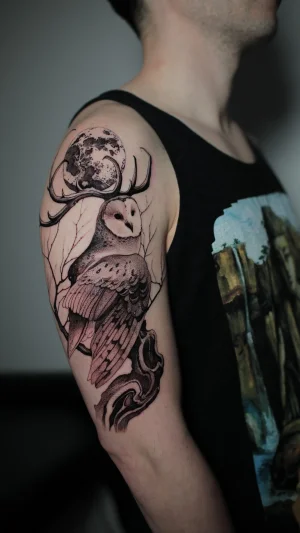 Owl With Antlers and Moon