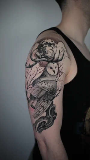 Owl With Antlers Night Half Sleeve