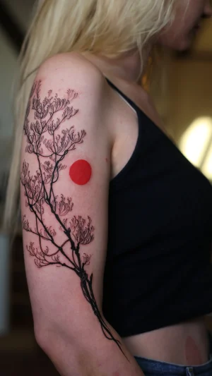 Delicate Branch With Red Sun