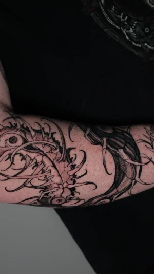 Lobster And Skull Blackwork Forearm