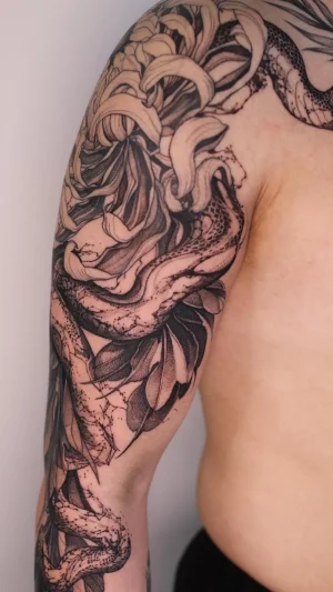 Snake and Lily Black & Grey Half Sleeve