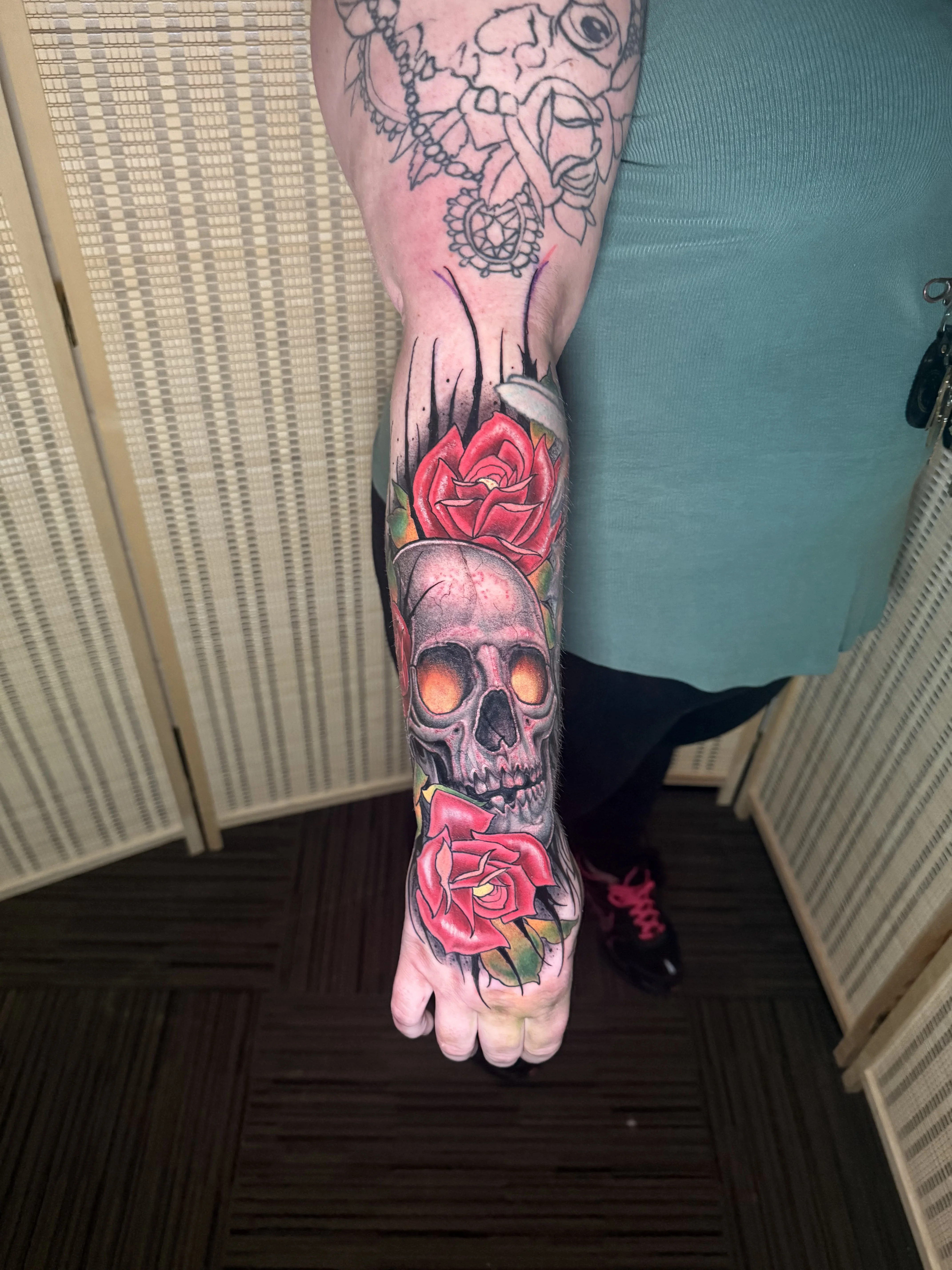 Neo-Traditional tattoo by Donnie Chapman: skull, rose, dark, death