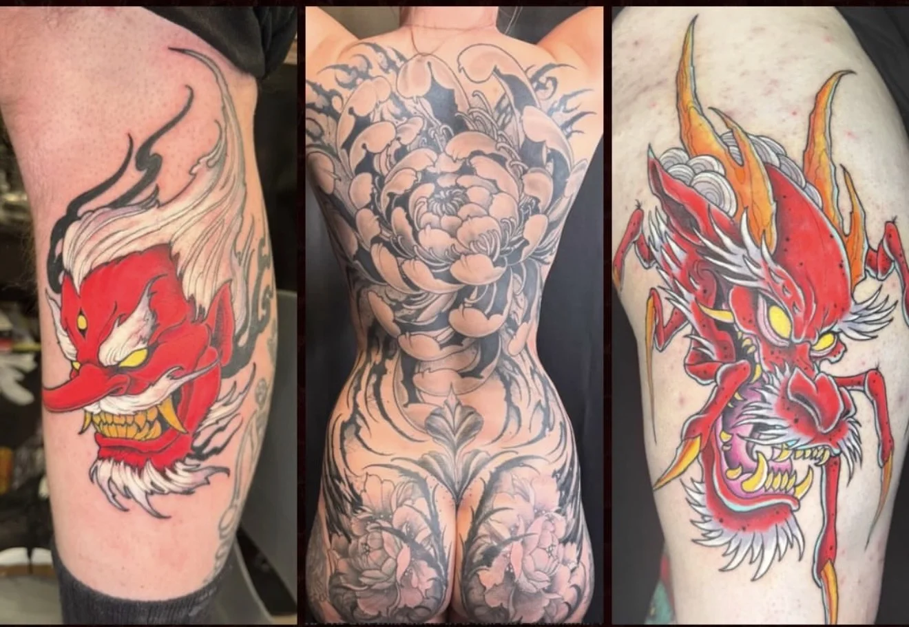 Japanese tattoo by Donnie Chapman: demon mask, flower, dragon, mythology