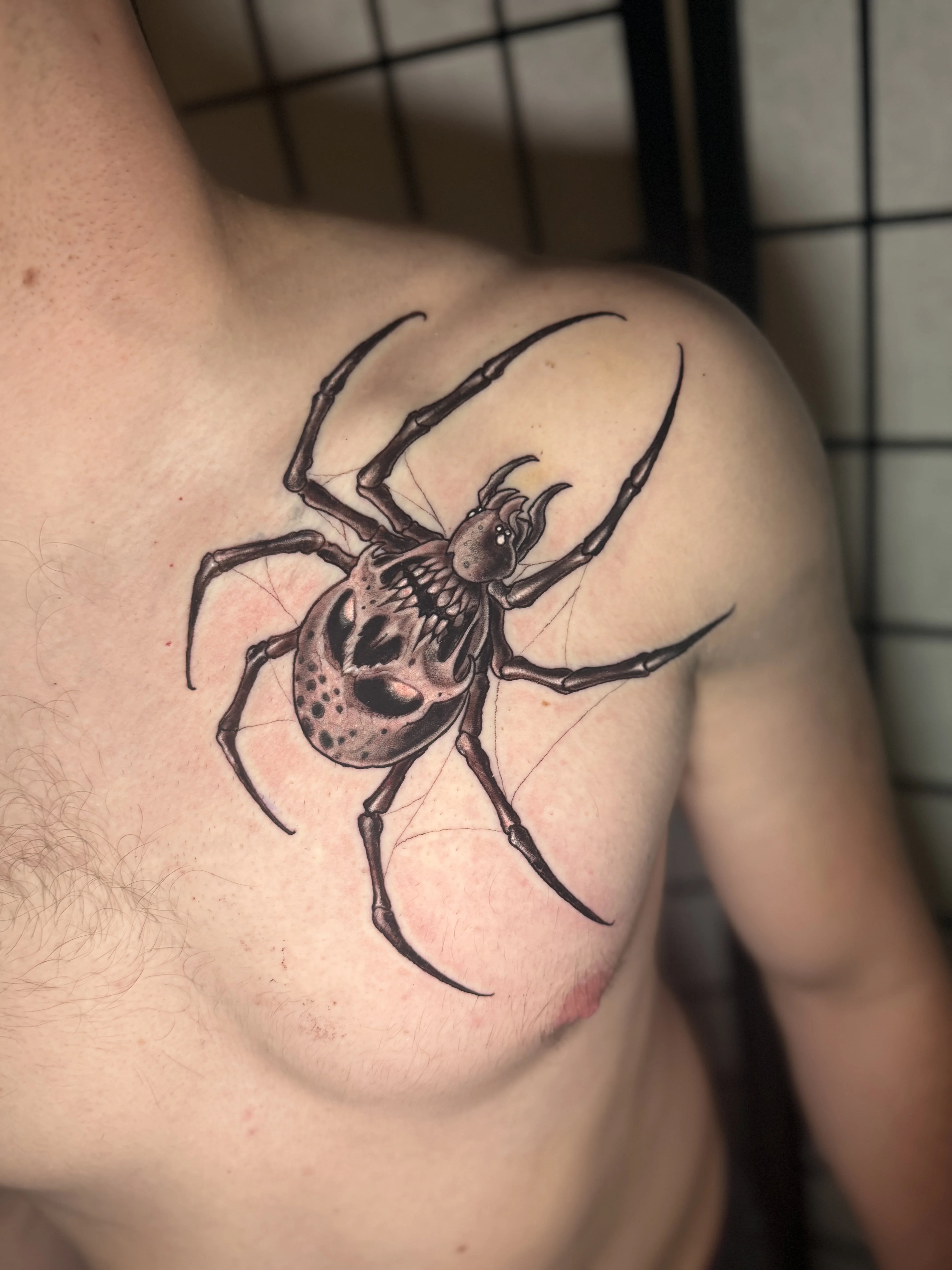 Black & Gray Realism tattoo by Donnie Chapman: spider, skull pattern, animal, dark