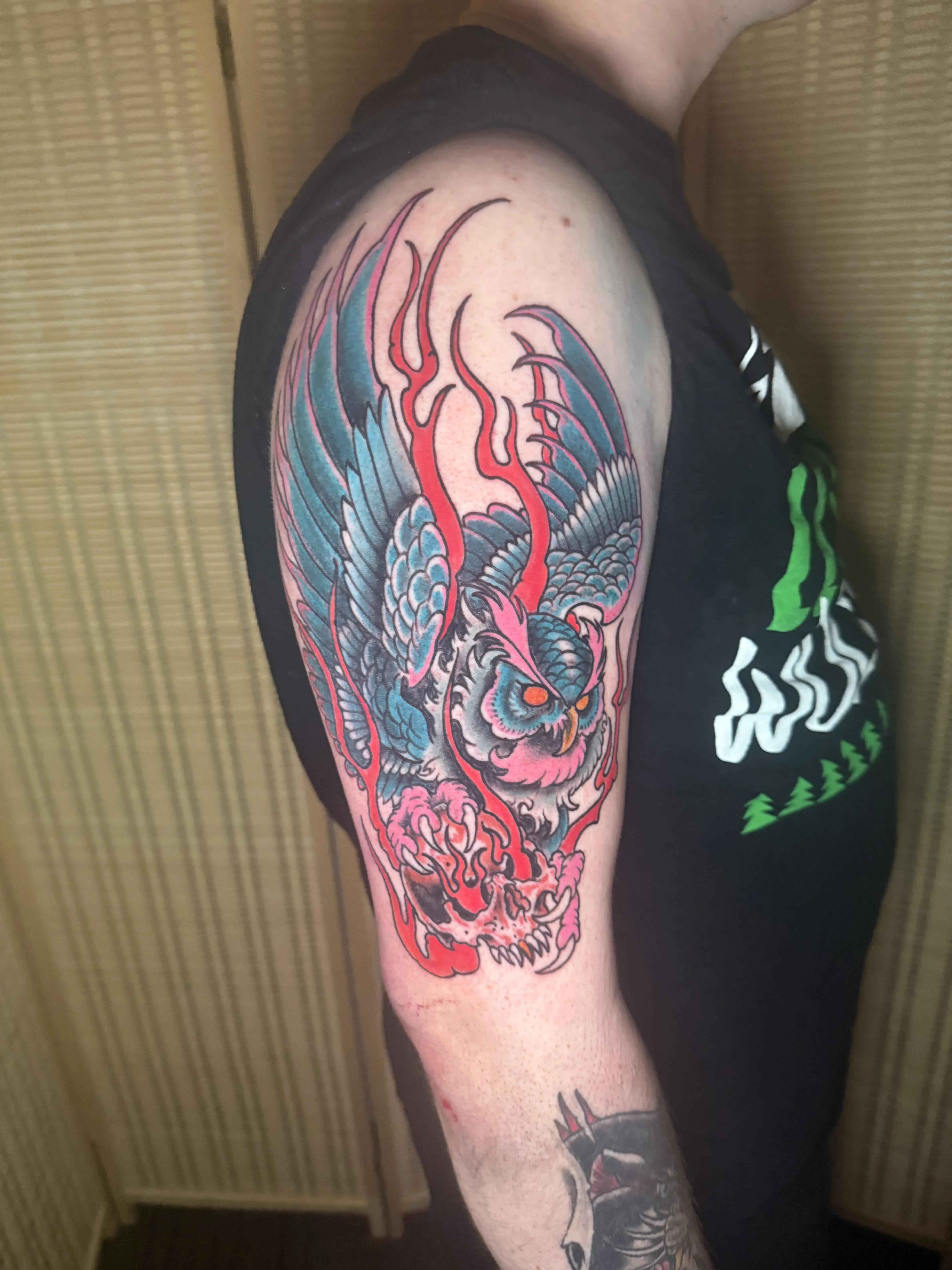 Neo-Traditional tattoo by Donnie Chapman: owl, skull, flames, animal