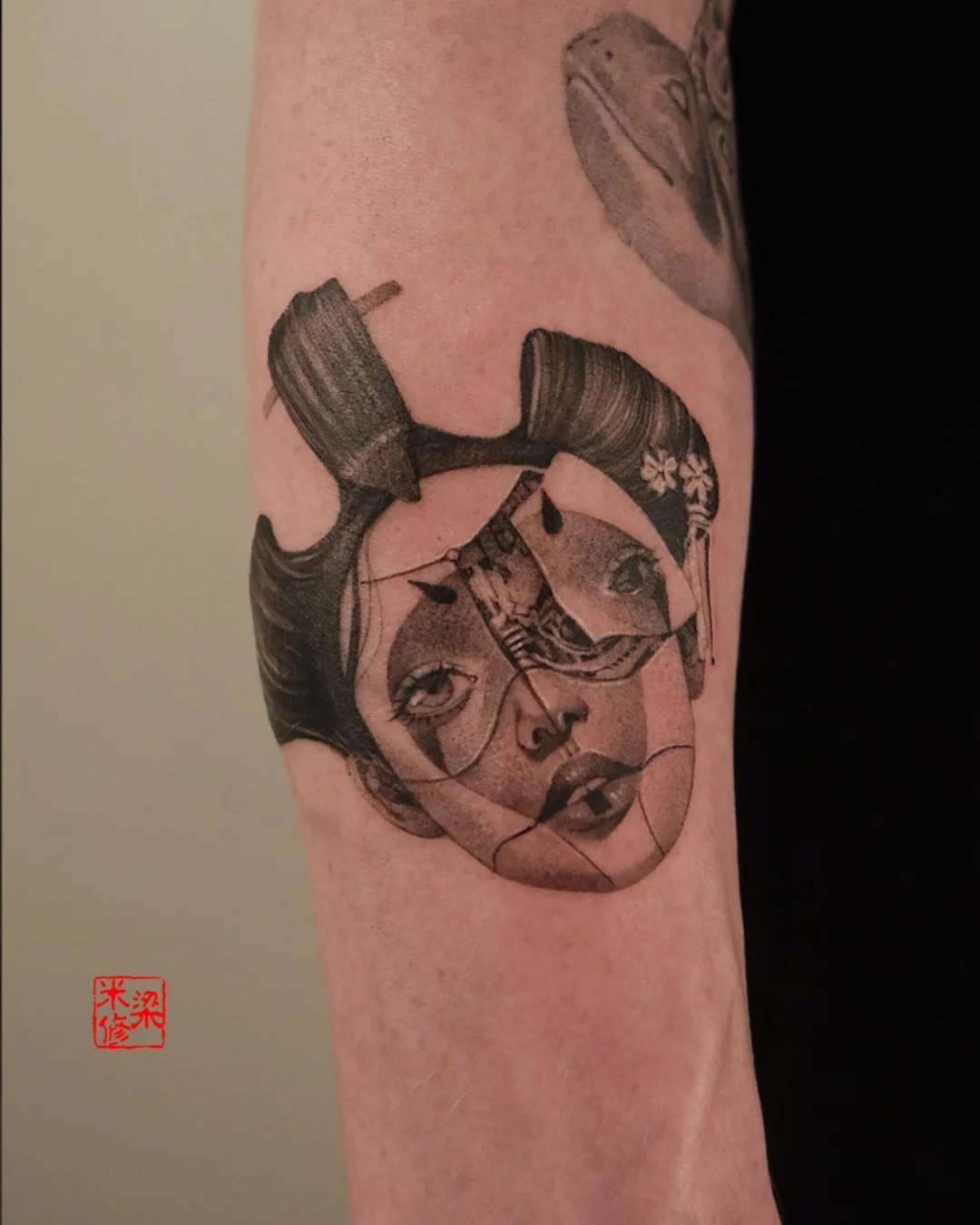 Black & Gray Realism tattoo by Michelle.tatts: woman, face, mask, hairpin