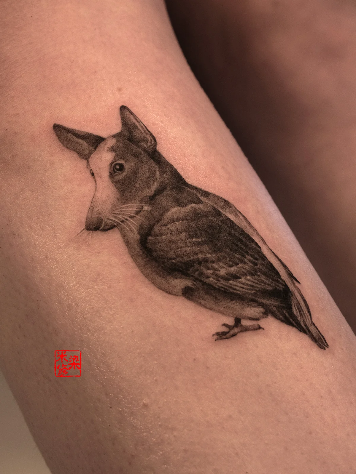Black & Gray Realism tattoo by Michelle.tatts: bird, dog head, animal, surreal