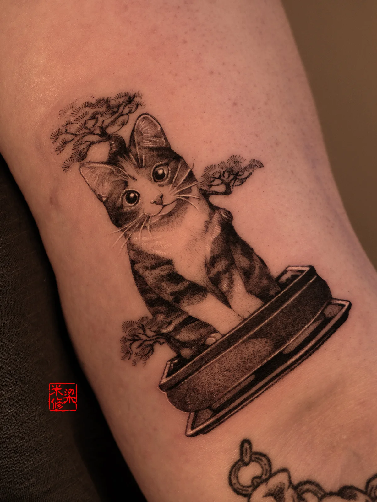 Black & Gray Realism tattoo by Michelle.tatts: cat, bonsai tree, pot, animal