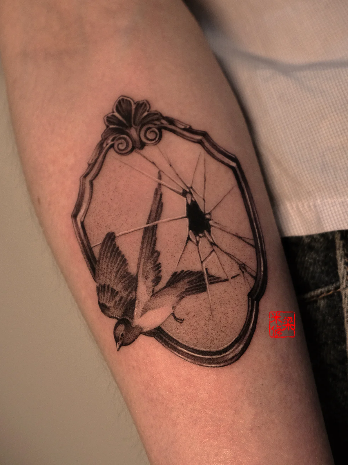 Black & Gray Realism tattoo by Michelle.tatts: bird, mirror, broken glass, nature