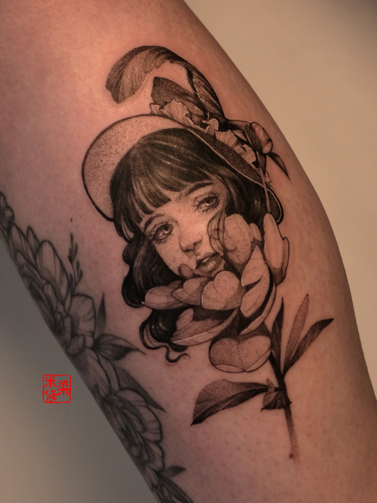 Black & Gray Realism tattoo by Michelle.tatts: woman, flower, hat, petals