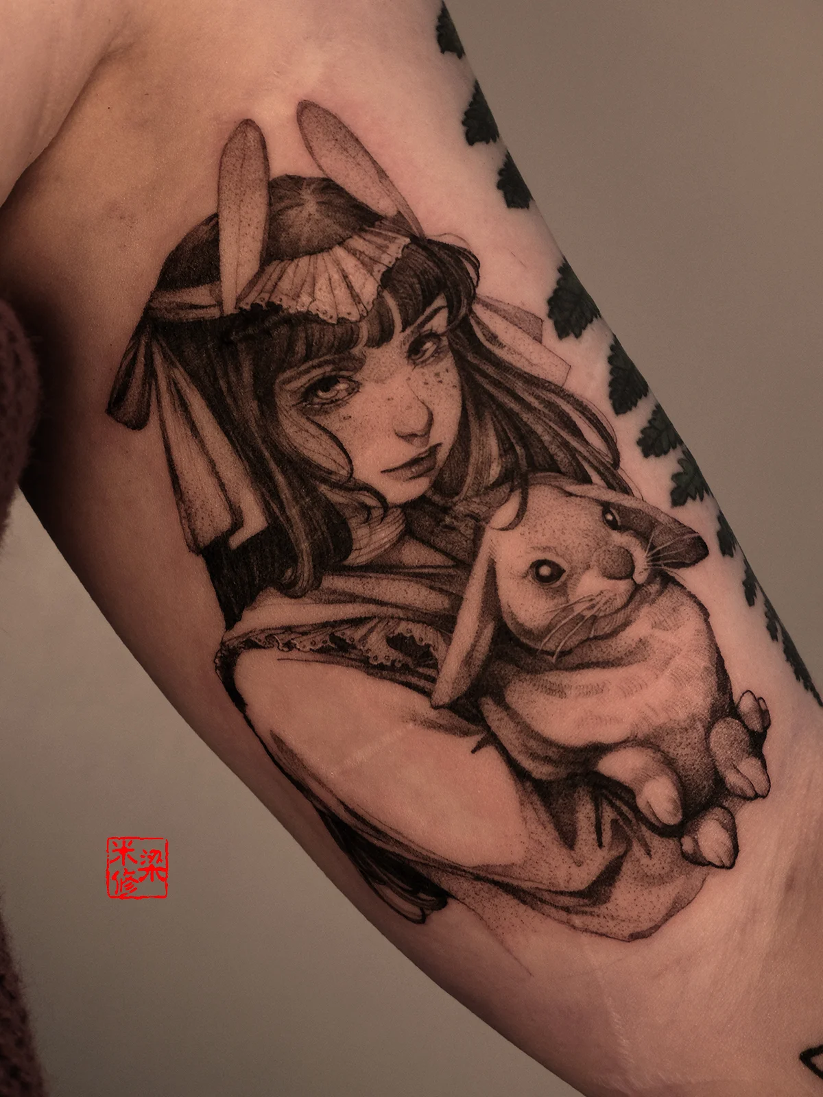 Black & Gray Realism tattoo by Michelle.tatts: woman, rabbit, ribbons, freckles