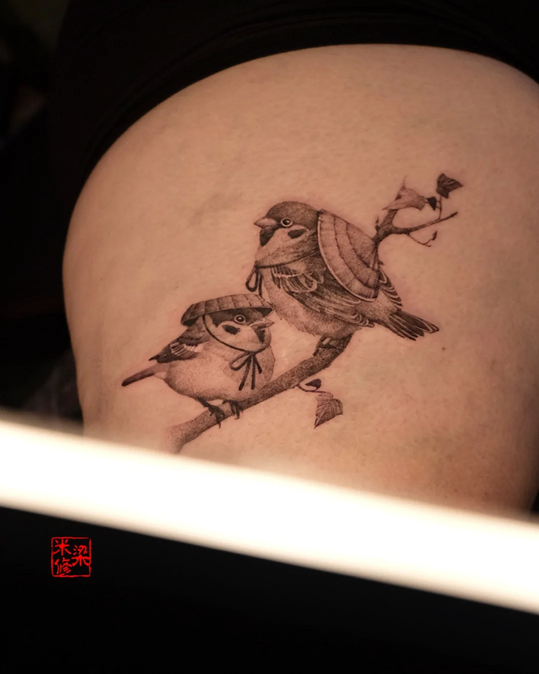 Black & Gray Realism tattoo by Michelle.tatts: sparrow, branch, hat, leaf