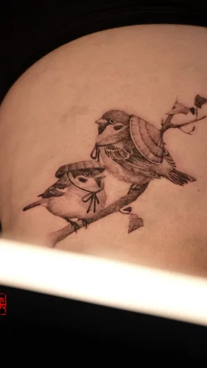 Realistic Sparrows with Hats on Branch