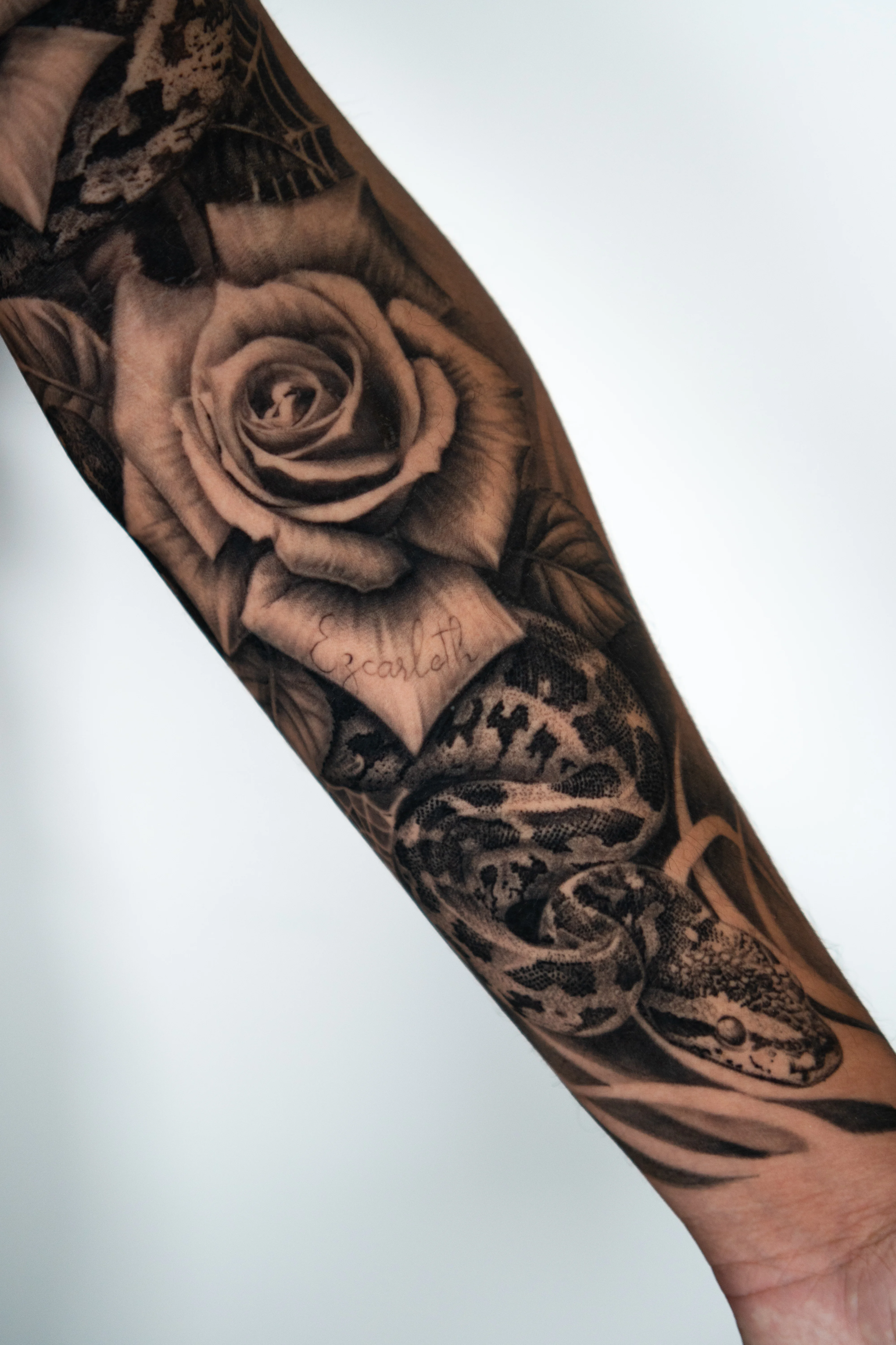 Black & Gray Realism tattoo by Do Santos: rose, snake, leaves, nature