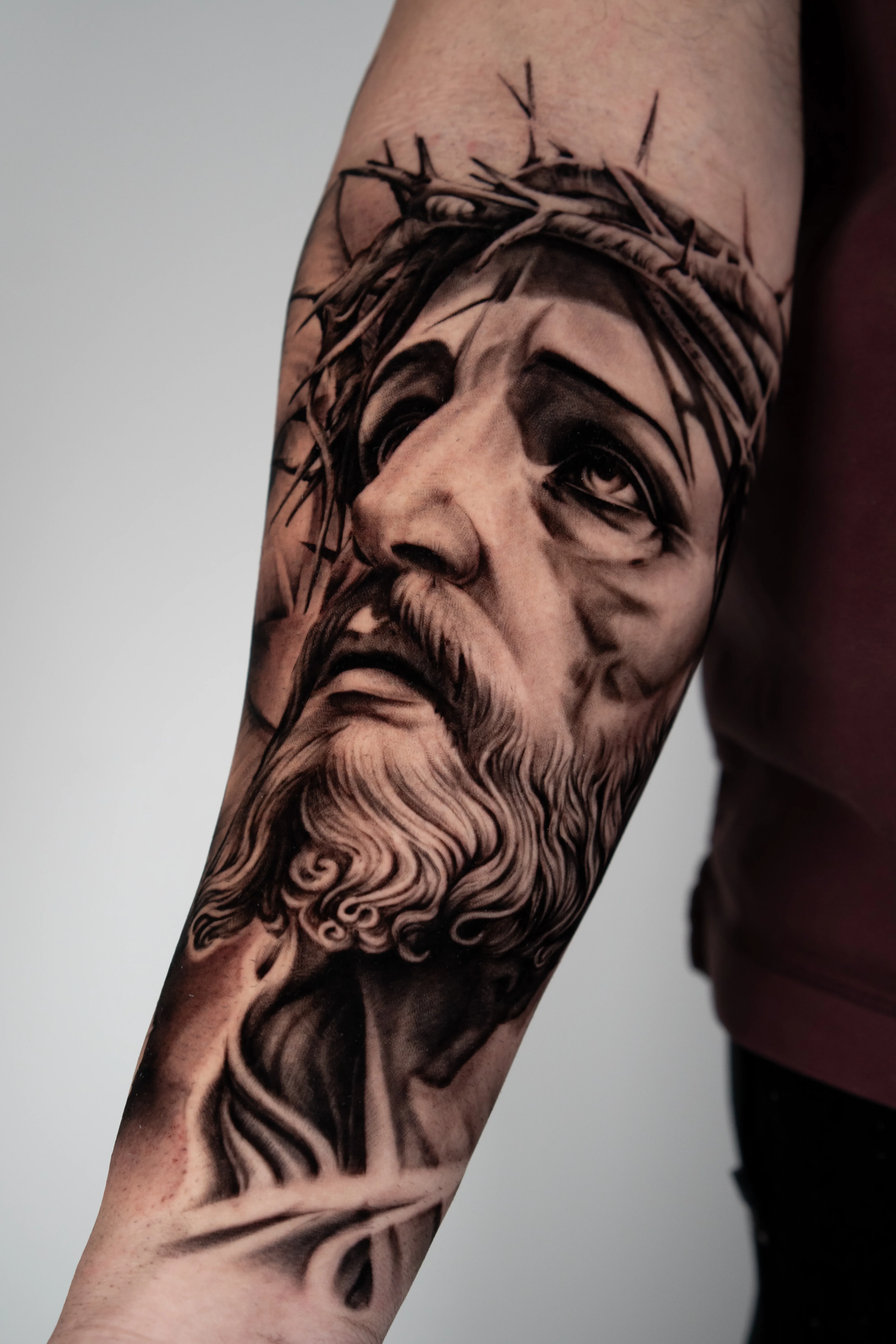Black & Gray Realism tattoo by Do Santos: jesus, face, crown of thorns, beard
