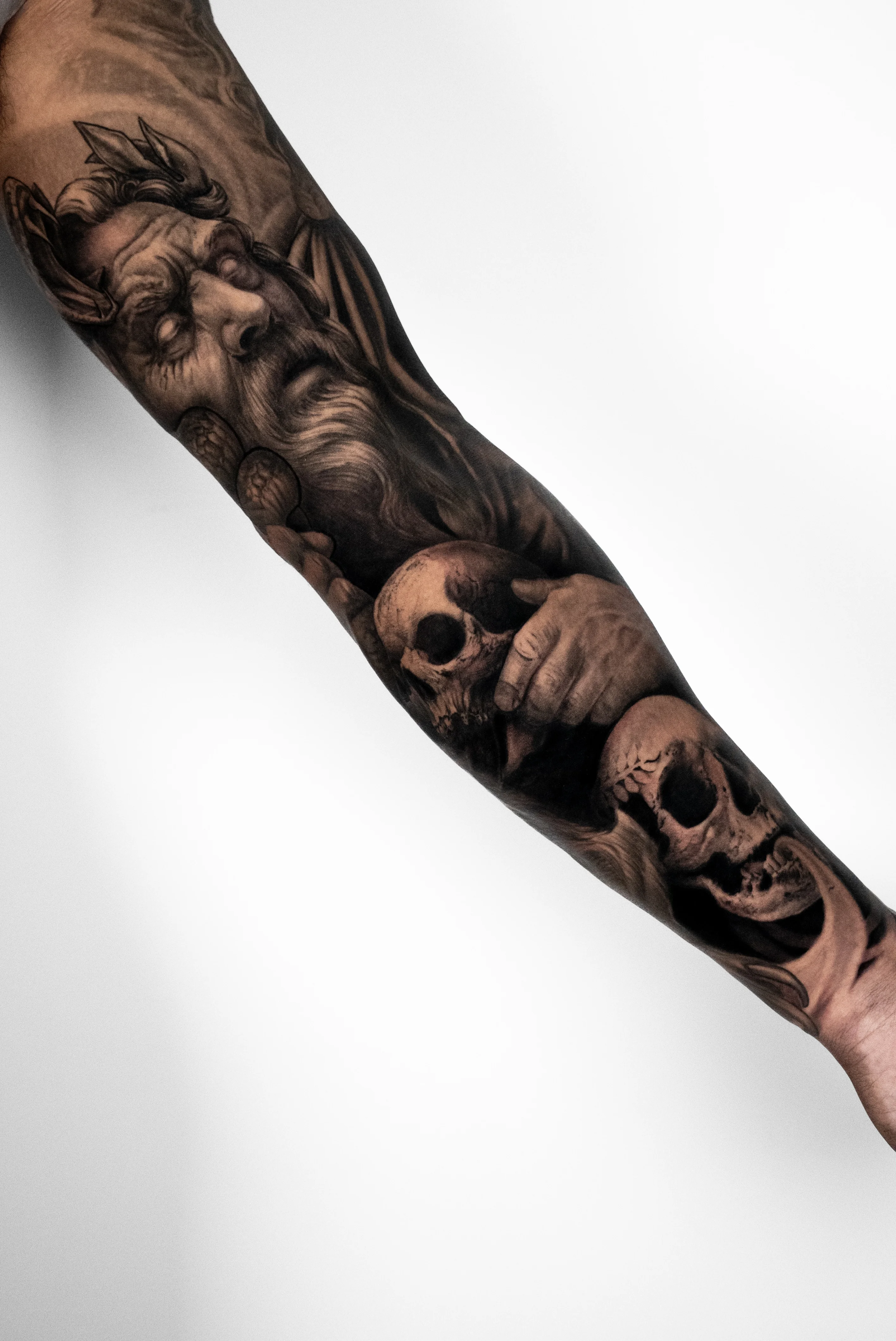 Black & Gray Realism tattoo by Do Santos: old man face, skulls, hand, beard