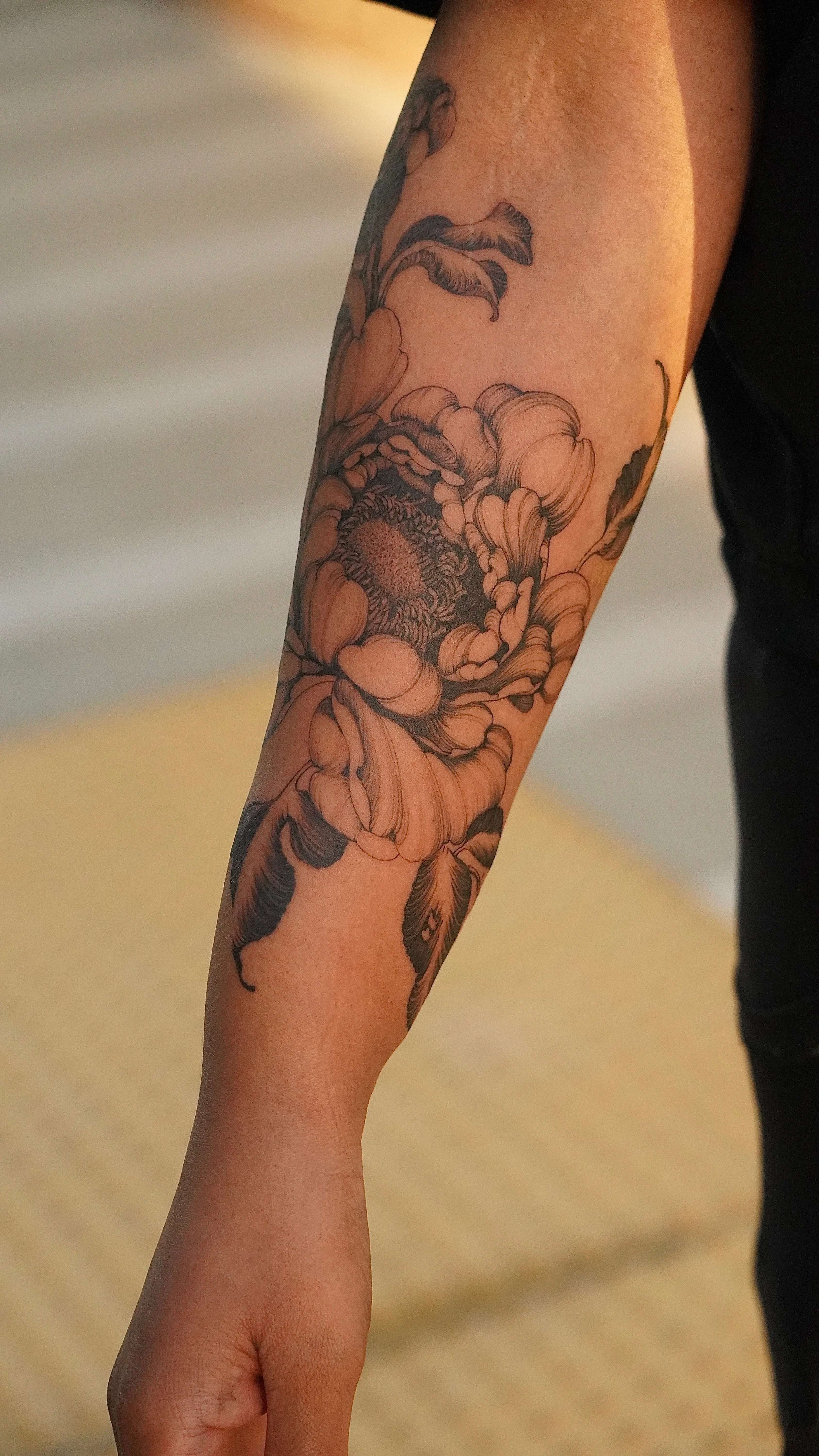 Fine Line tattoo by Sam Leng: peony, flower, leaf, floral