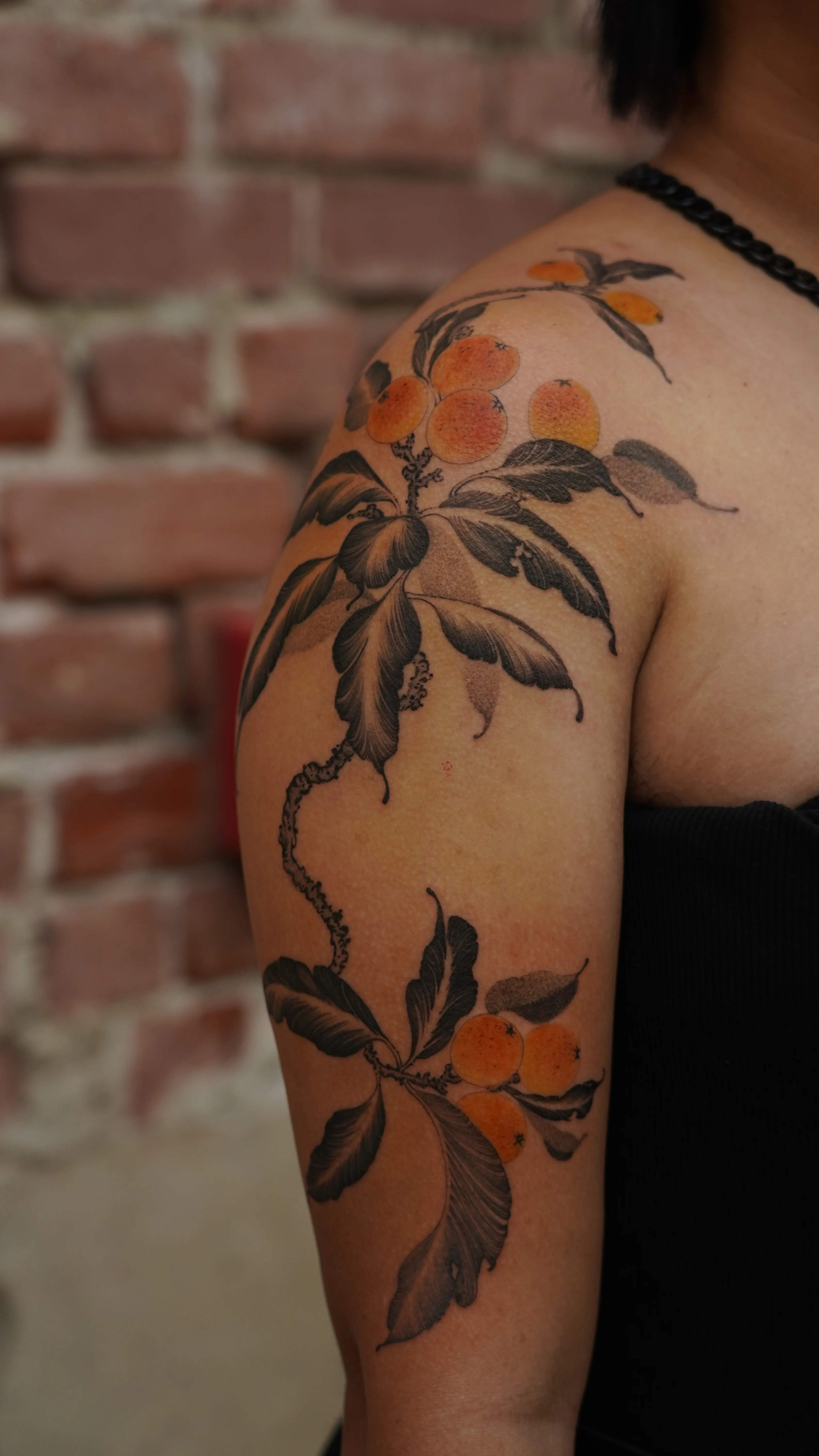 Neo-Traditional tattoo by Sam Leng: branch, leaves, loquat fruits, nature