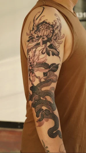 Illustrative Chrysanthemum & Snake On Arm