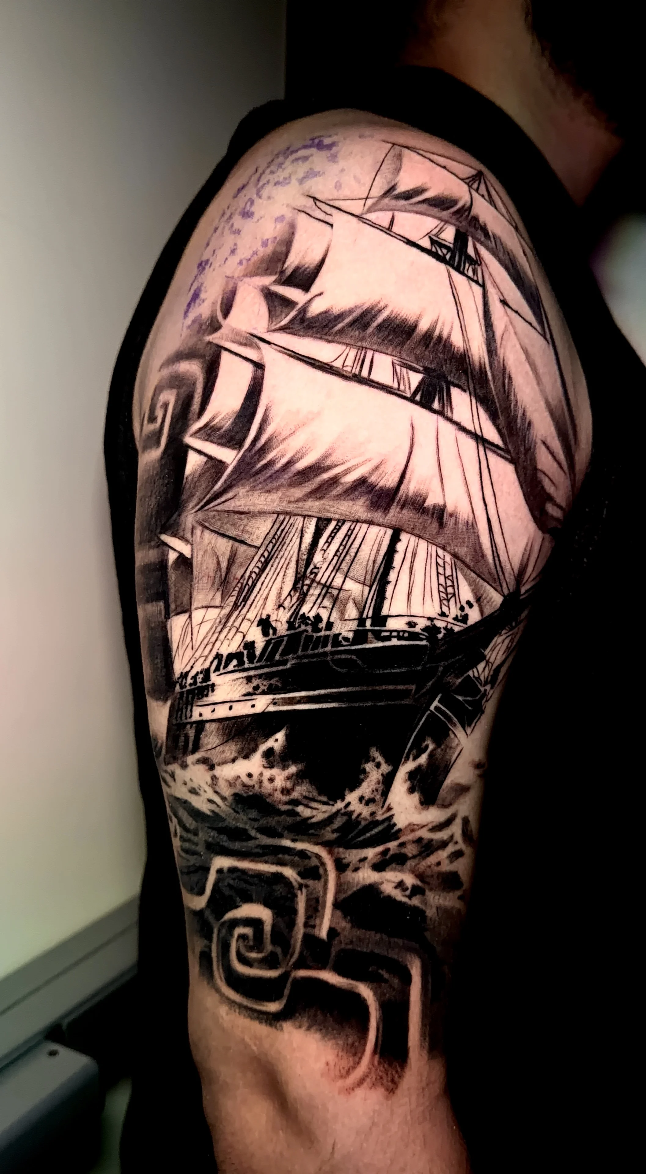 Black & Gray Realism tattoo by Danny Romeo Orellana Tat2one: sailing ship, waves, ocean, sails