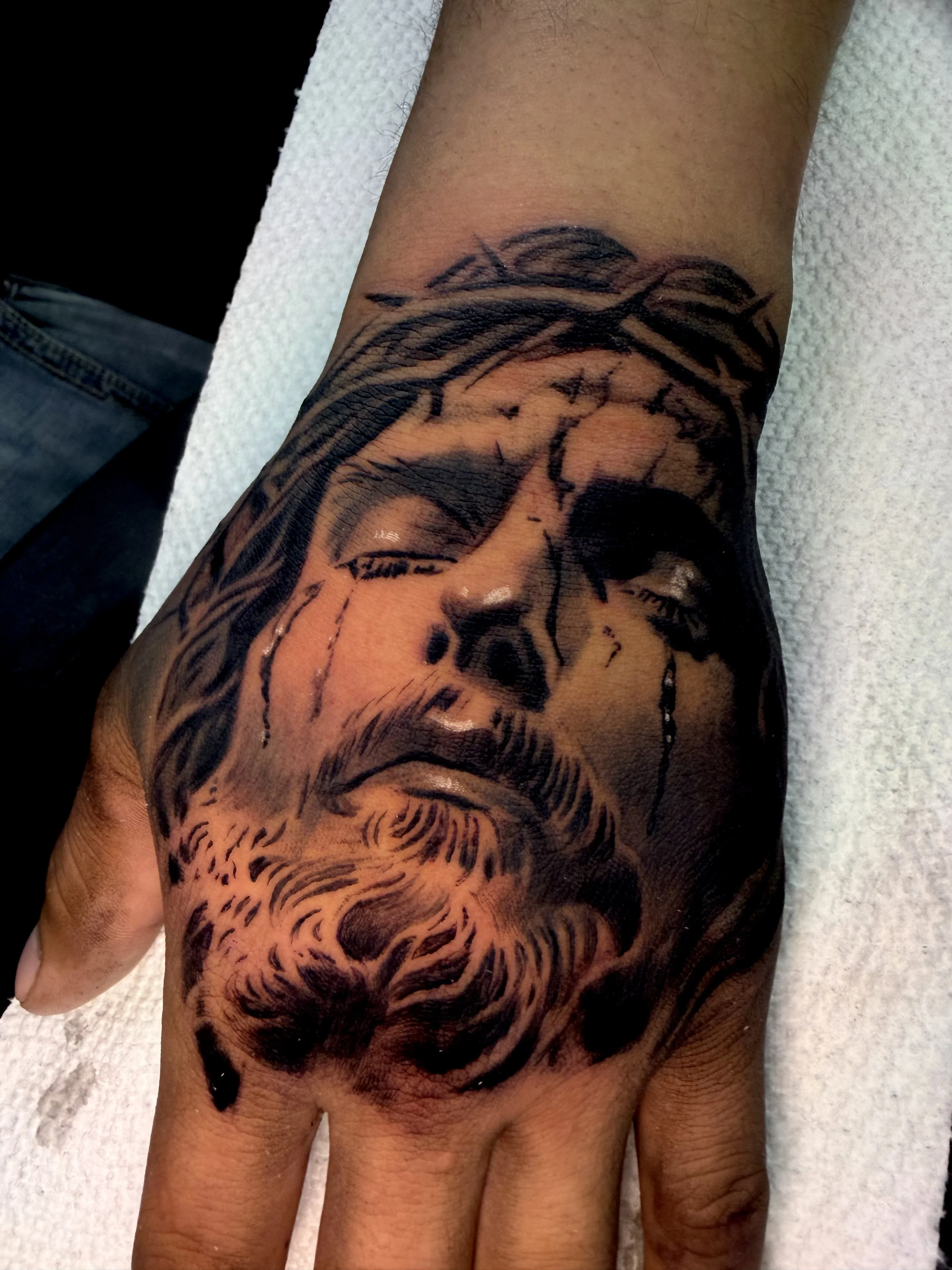 Black & Gray Realism tattoo by Danny Romeo Orellana Tat2one: jesus christ, crown of thorns, face, beard