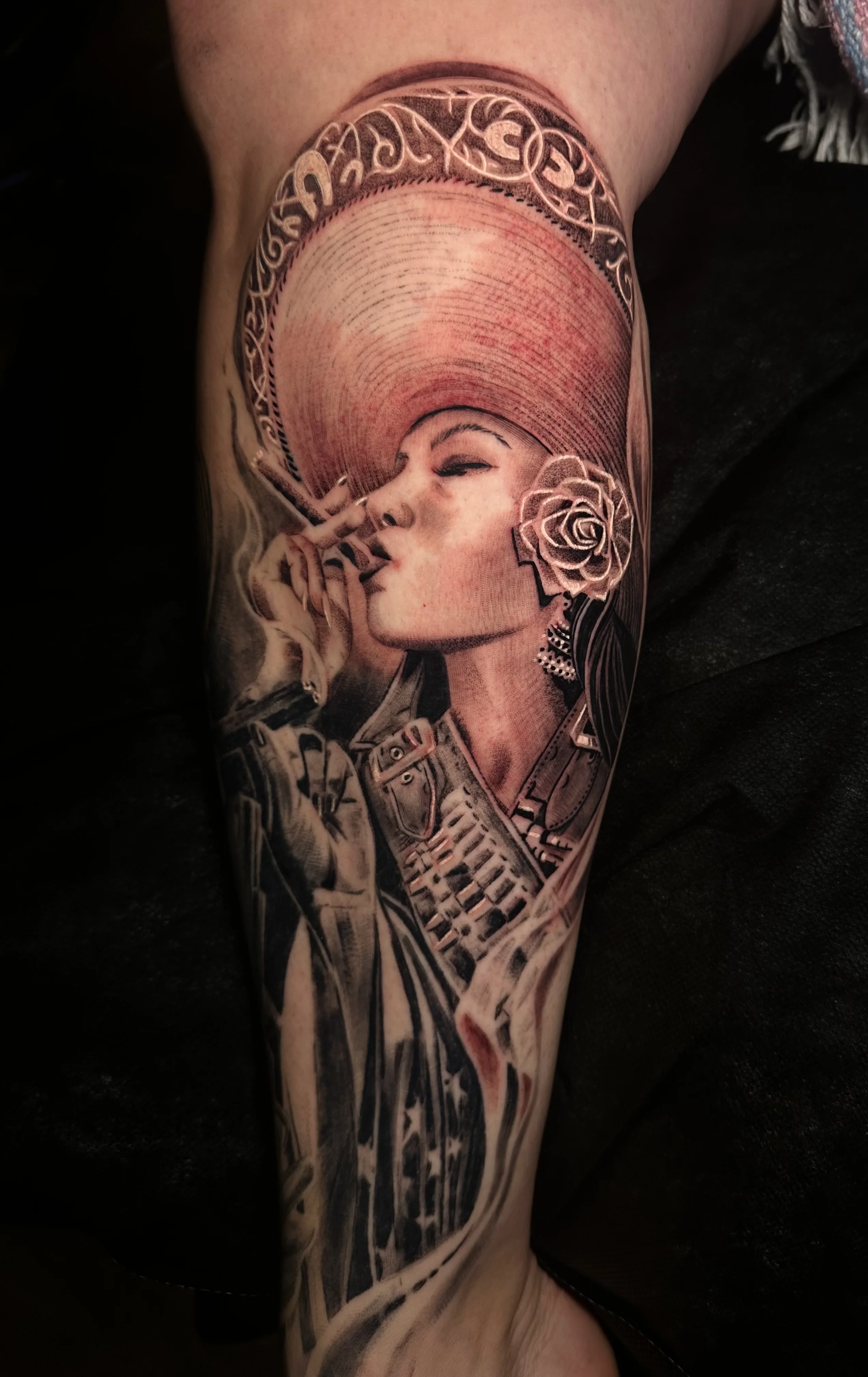 Black & Gray Realism tattoo by Danny Romeo Orellana Tat2one: woman, cigar, rose, earring