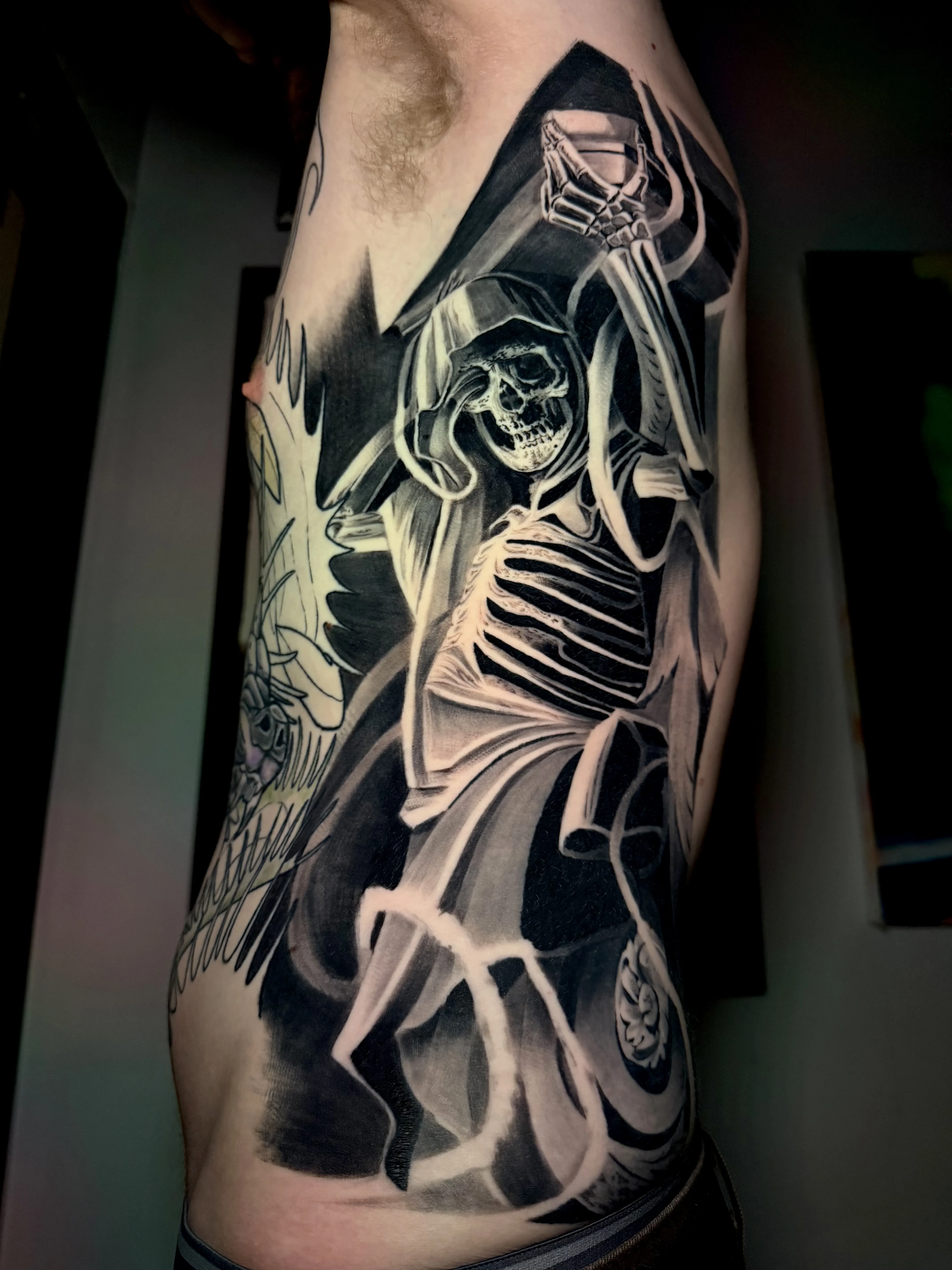Grim Reaper Black & Grey Side Piece: grim reaper, skeleton, robe, scythe, dark, death