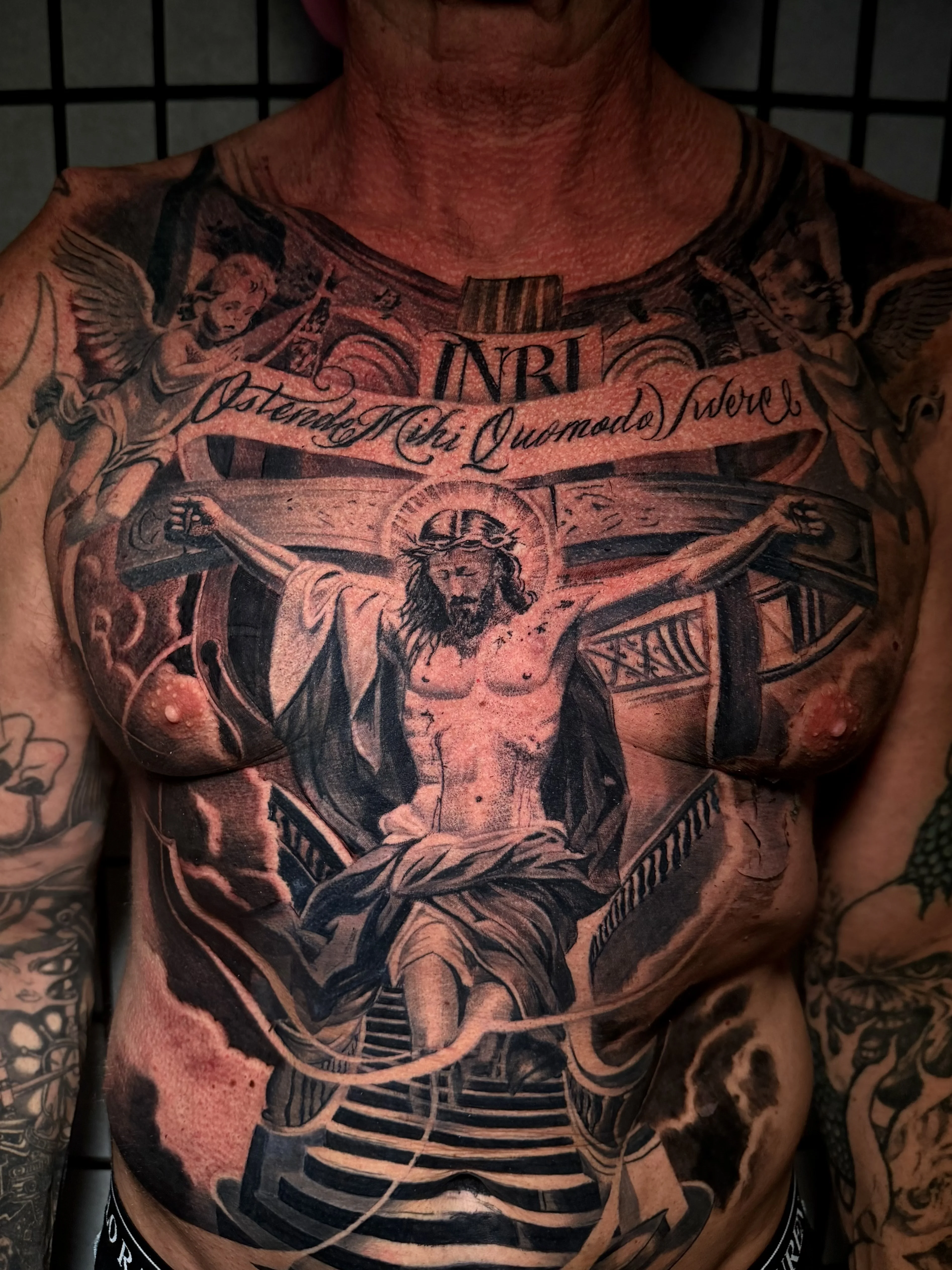 Black & Gray Realism tattoo by Danny Romeo Orellana Tat2one: jesus, cross, angel, stairs