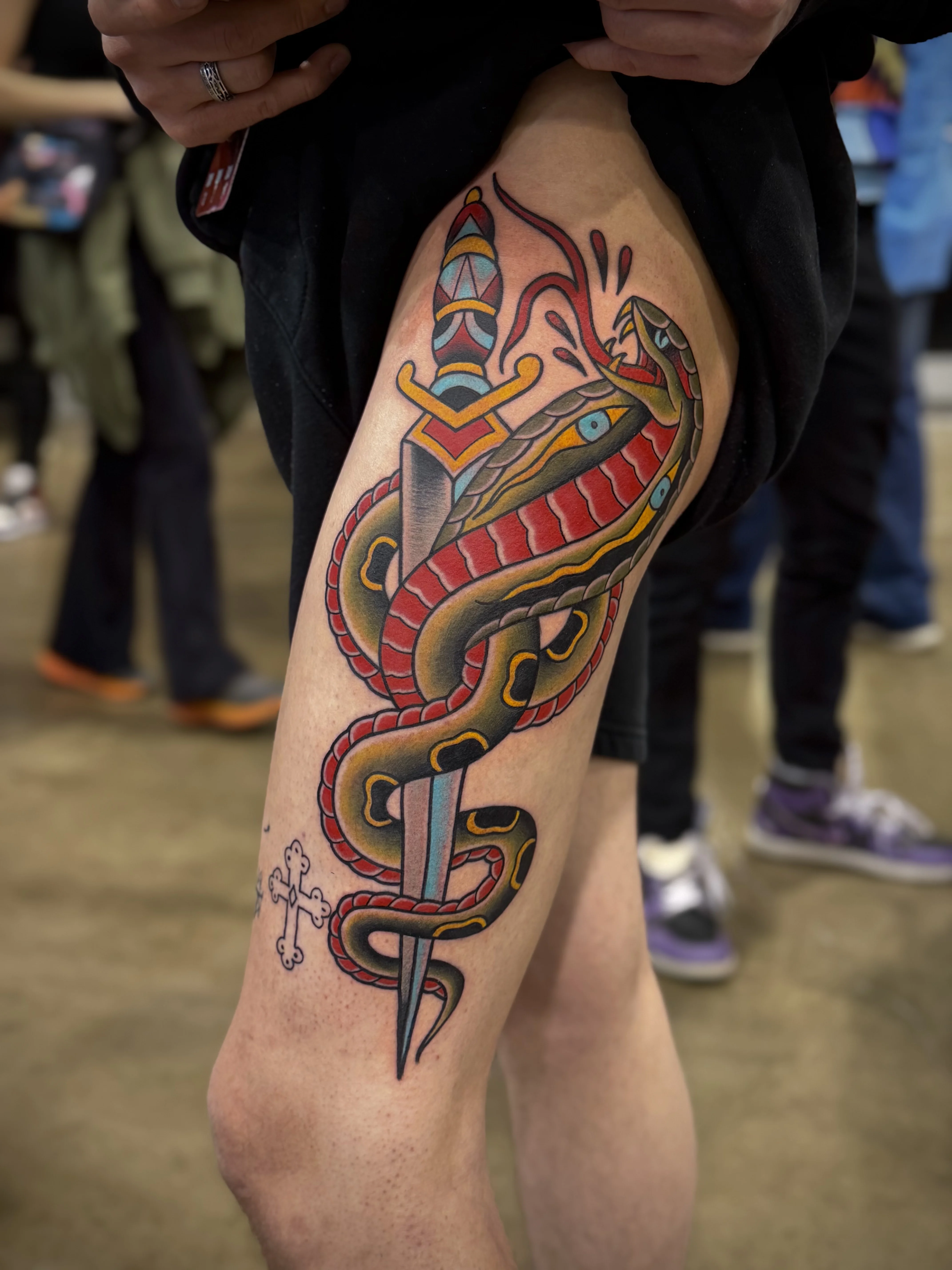 Snake and Dagger Thigh Piece: snake, dagger, cross, animal, religious, traditional