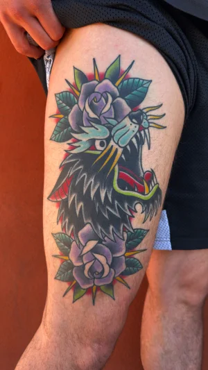 Roaring Wolf and Roses Thigh Piece